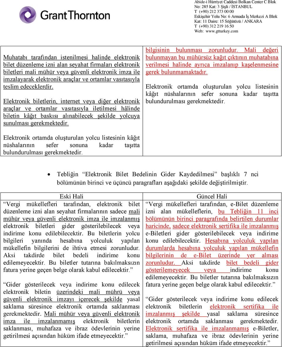 Elektronik biletlerin, internet veya diğer elektronik araçlar ve ortamlar vasıtasıyla iletilmesi hâlinde biletin kâğıt baskısı alınabilecek şekilde yolcuya sunulması gerekmektedir.