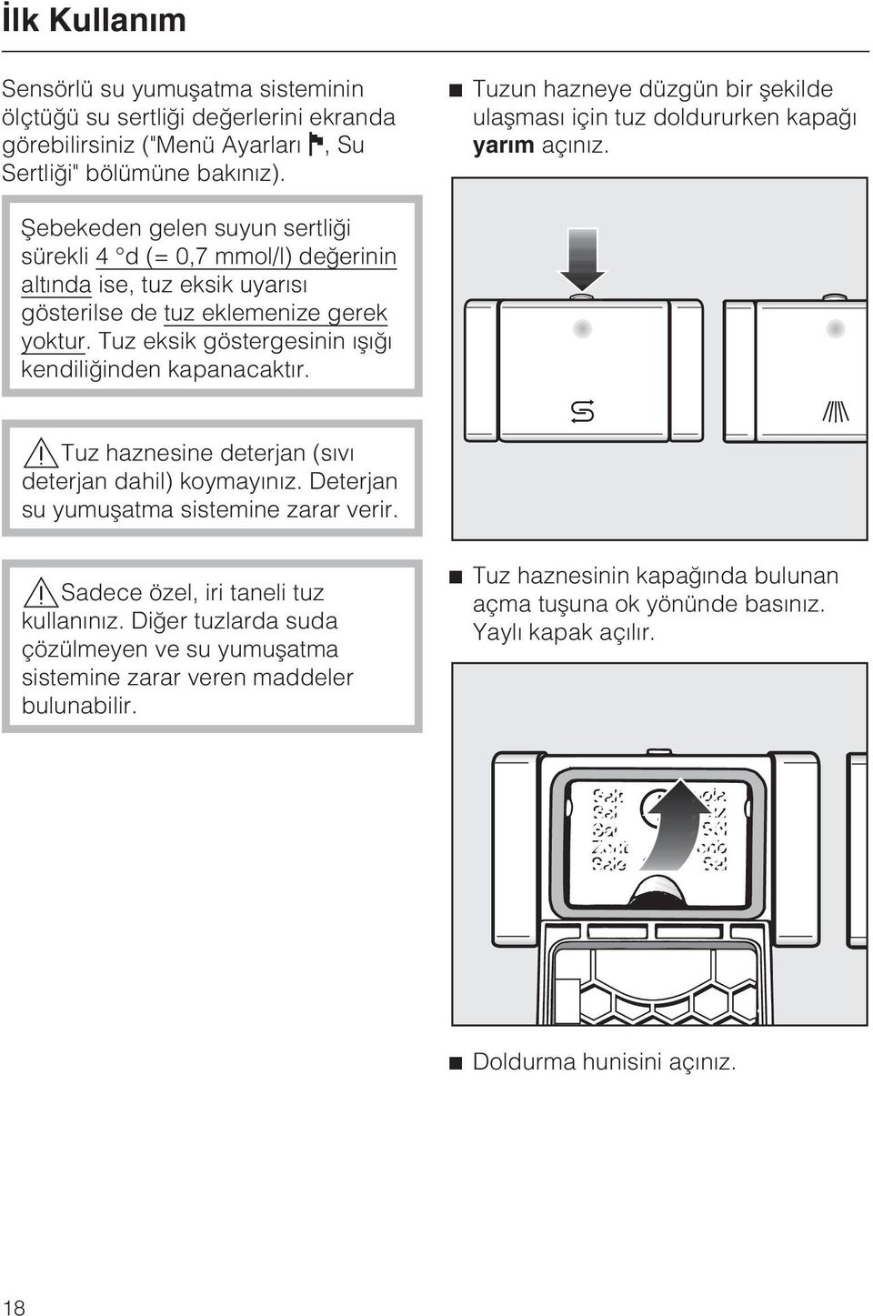 Þebekeden gelen suyun sertliði sürekli 4 d (= 0,7 mmol/l) deðerinin altýnda ise, tuz eksik uyarýsý gösterilse de tuz eklemenize gerek yoktur.