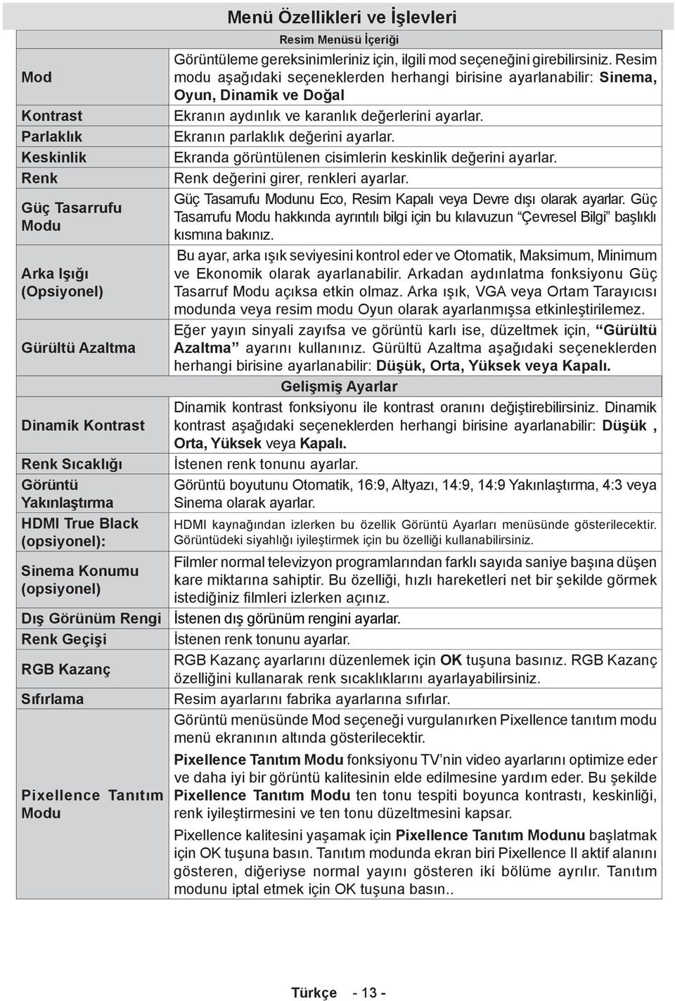 girebilirsiniz. Resim modu aşağıdaki seçeneklerden herhangi birisine ayarlanabilir: Sinema, Oyun, Dinamik ve Doğal Ekranın aydınlık ve karanlık değerlerini ayarlar. Ekranın parlaklık değerini ayarlar.