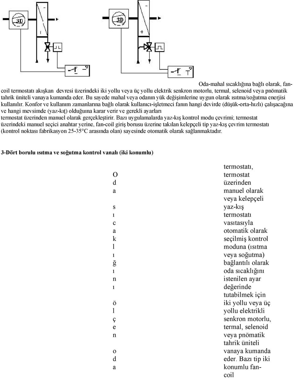 Konfor ve kullnm zmnlrn bğl olrk kullnc-işletmeci fnn hngi evire (üşük-ort-hzl) çlşcğn ve hngi mevsime (yz-kţ) oluğun krr verir ve gerekli yrlr termostt üzerinen mnuel olrk gerçekleştirir.