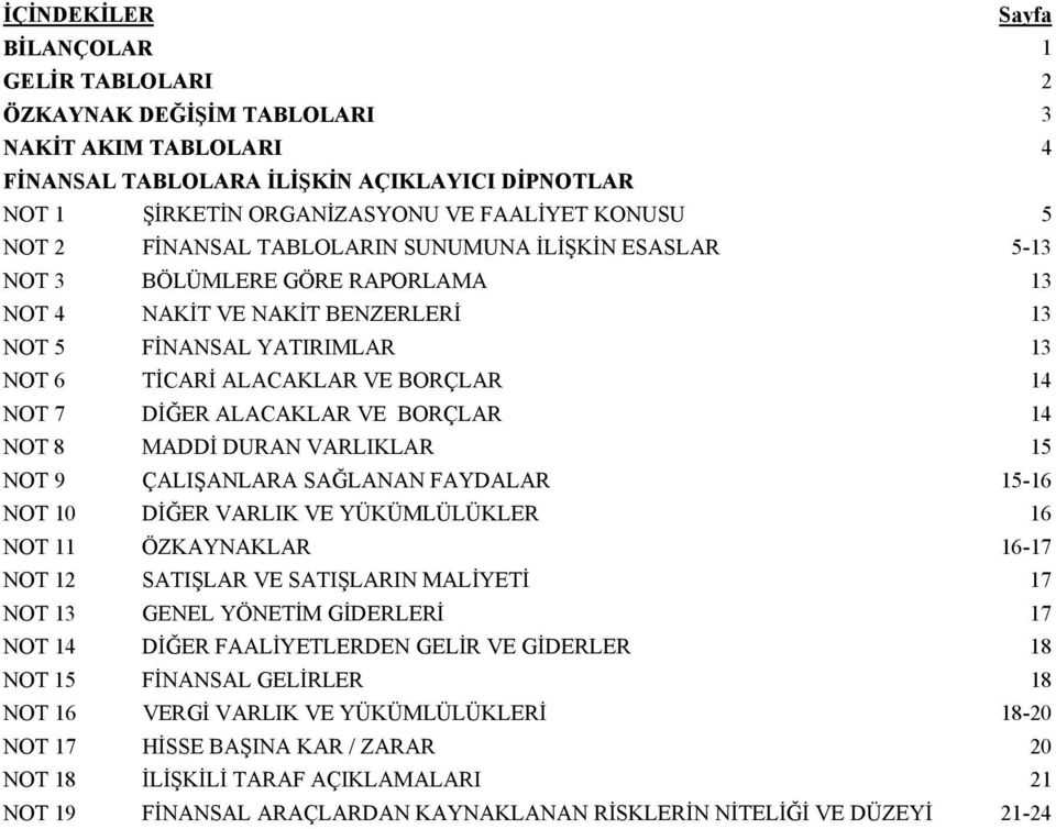 VE BORÇLAR 14 NOT 8 MADDİ DURAN VARLIKLAR 15 NOT 9 ÇALIŞANLARA SAĞLANAN FAYDALAR 15-16 NOT 10 DİĞER VARLIK VE YÜKÜMLÜLÜKLER 16 NOT 11 ÖZKAYNAKLAR 16-17 NOT 12 SATIŞLAR VE SATIŞLARIN MALİYETİ 17 NOT