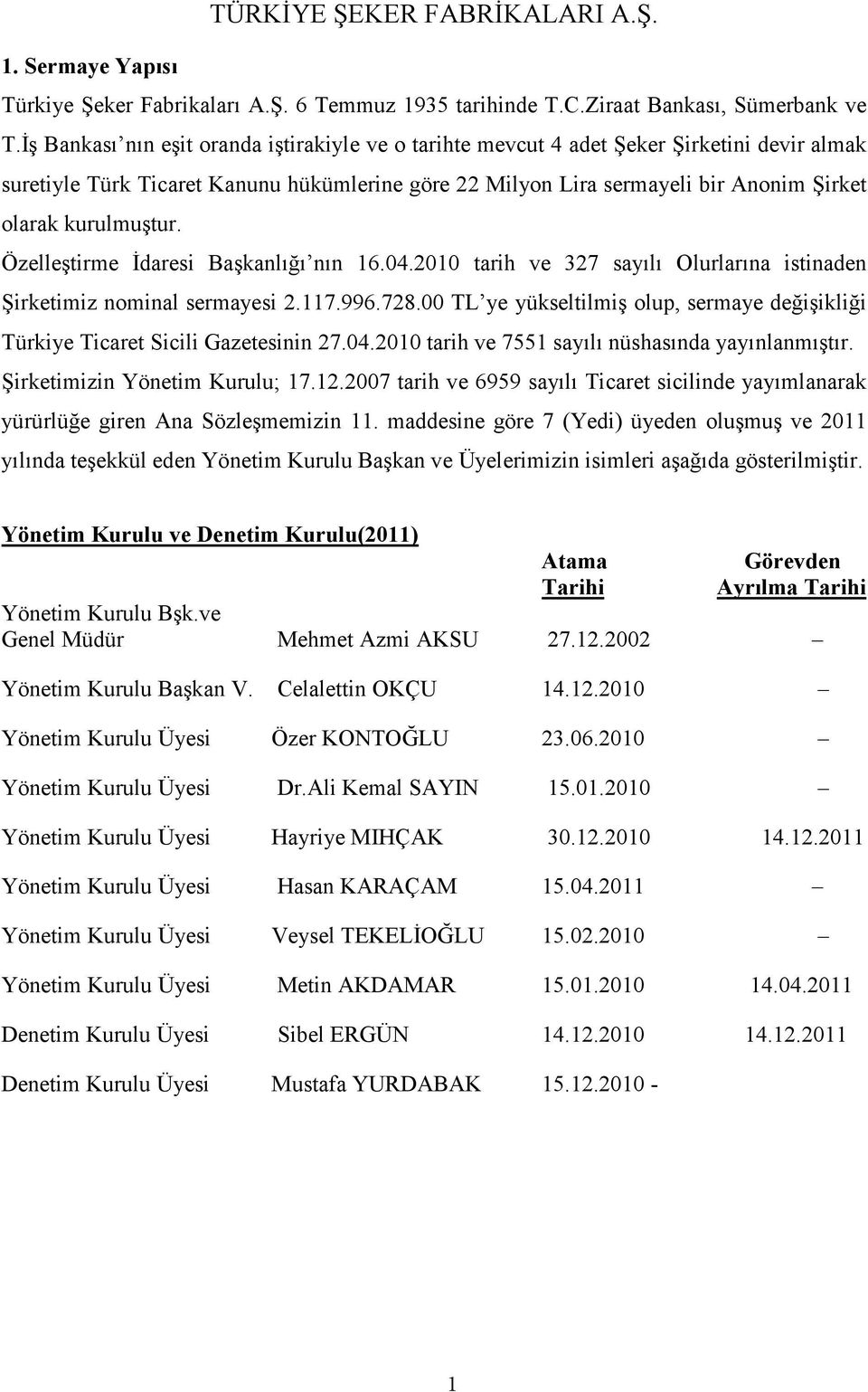 kurulmuştur. Özelleştirme İdaresi Başkanlığı nın 16.04.2010 tarih ve 327 sayılı Olurlarına istinaden Şirketimiz nominal sermayesi 2.117.996.728.