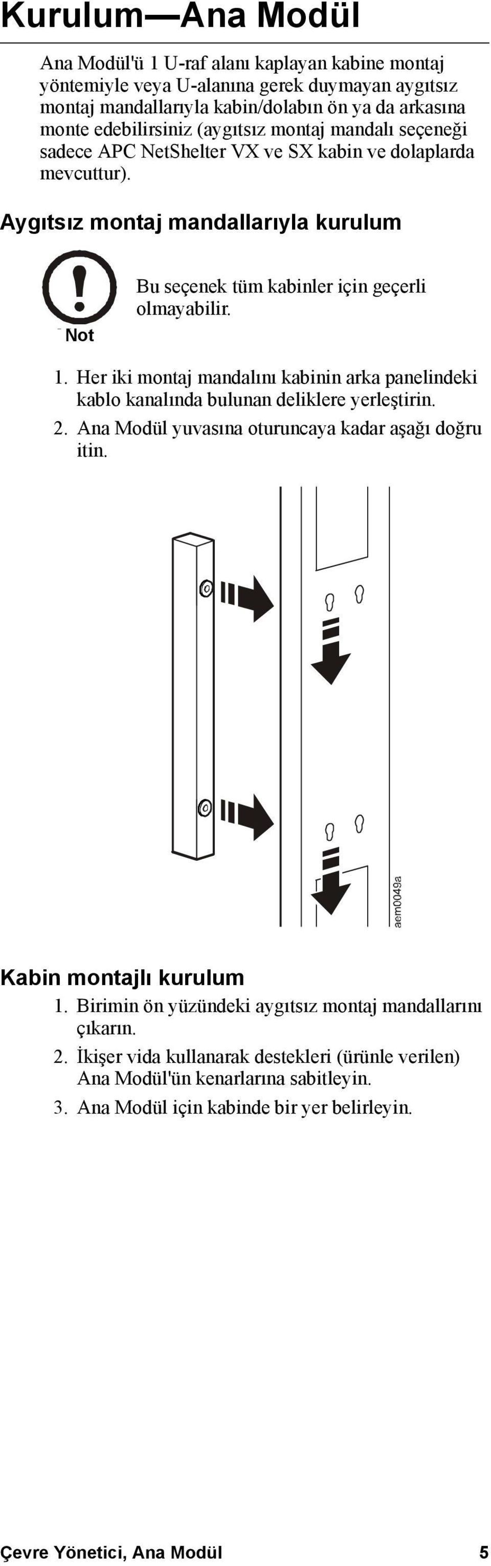 Her iki montaj mandalını kabinin arka panelindeki kablo kanalında bulunan deliklere yerleştirin. 2. Ana Modül yuvasına oturuncaya kadar aşağı doğru itin. Kabin montajlı kurulum 1.