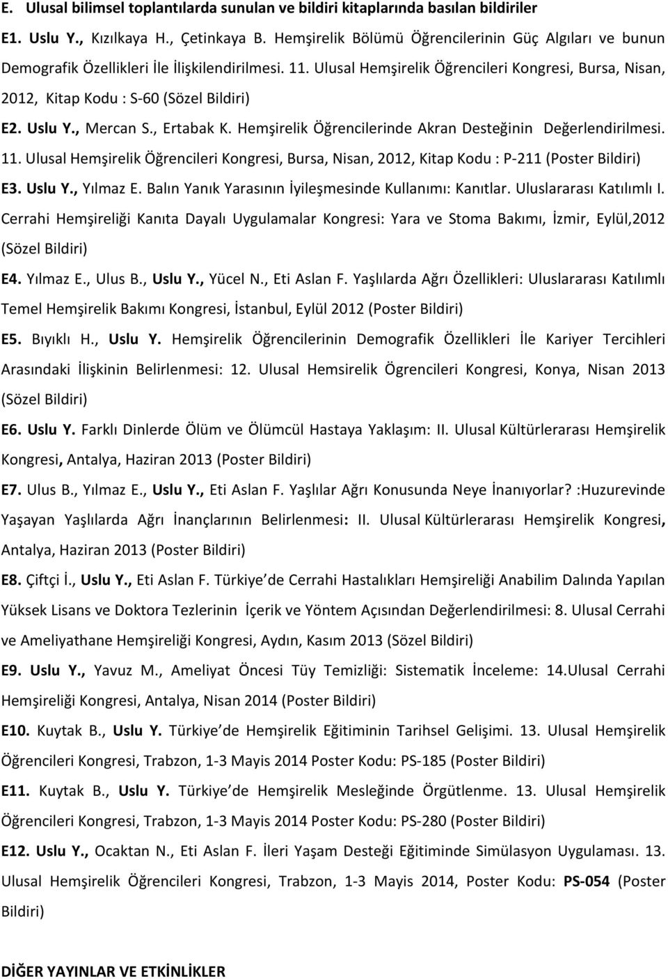 Ulusal Hemşirelik Öğrencileri Kongresi, Bursa, Nisan, 2012, Kitap Kodu : S-60 (Sözel Bildiri) E2. Uslu Y., Mercan S., Ertabak K. Hemşirelik Öğrencilerinde Akran Desteğinin Değerlendirilmesi. 11.