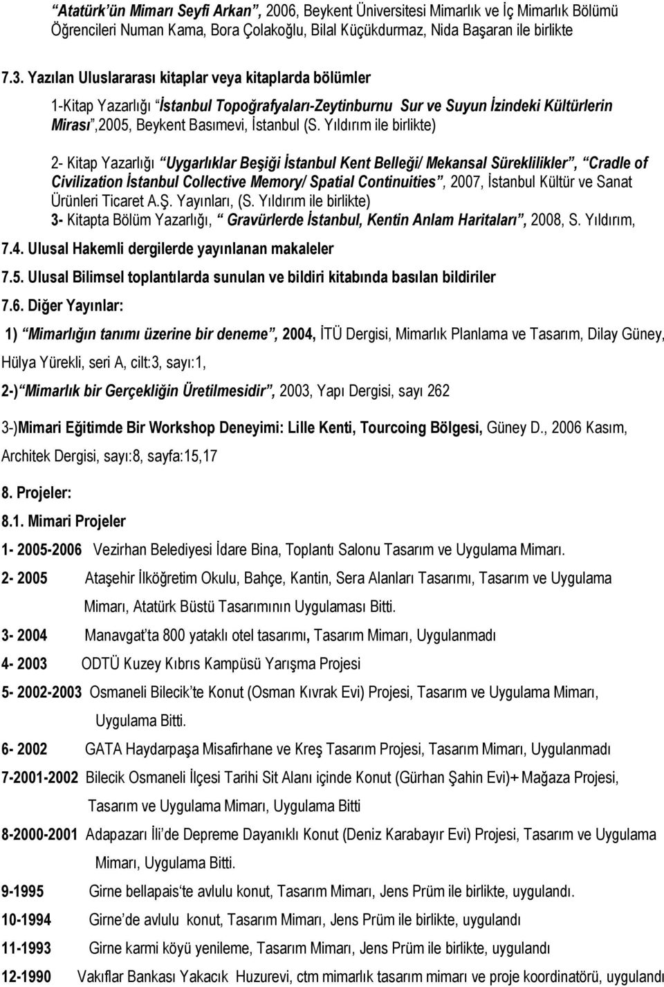 Yıldırım ile birlikte) 2- Kitap Yazarlığı Uygarlıklar Beşiği İstanbul Kent Belleği/ Mekansal Süreklilikler, Cradle of Civilization İstanbul Collective Memory/ Spatial Continuities, 2007, İstanbul