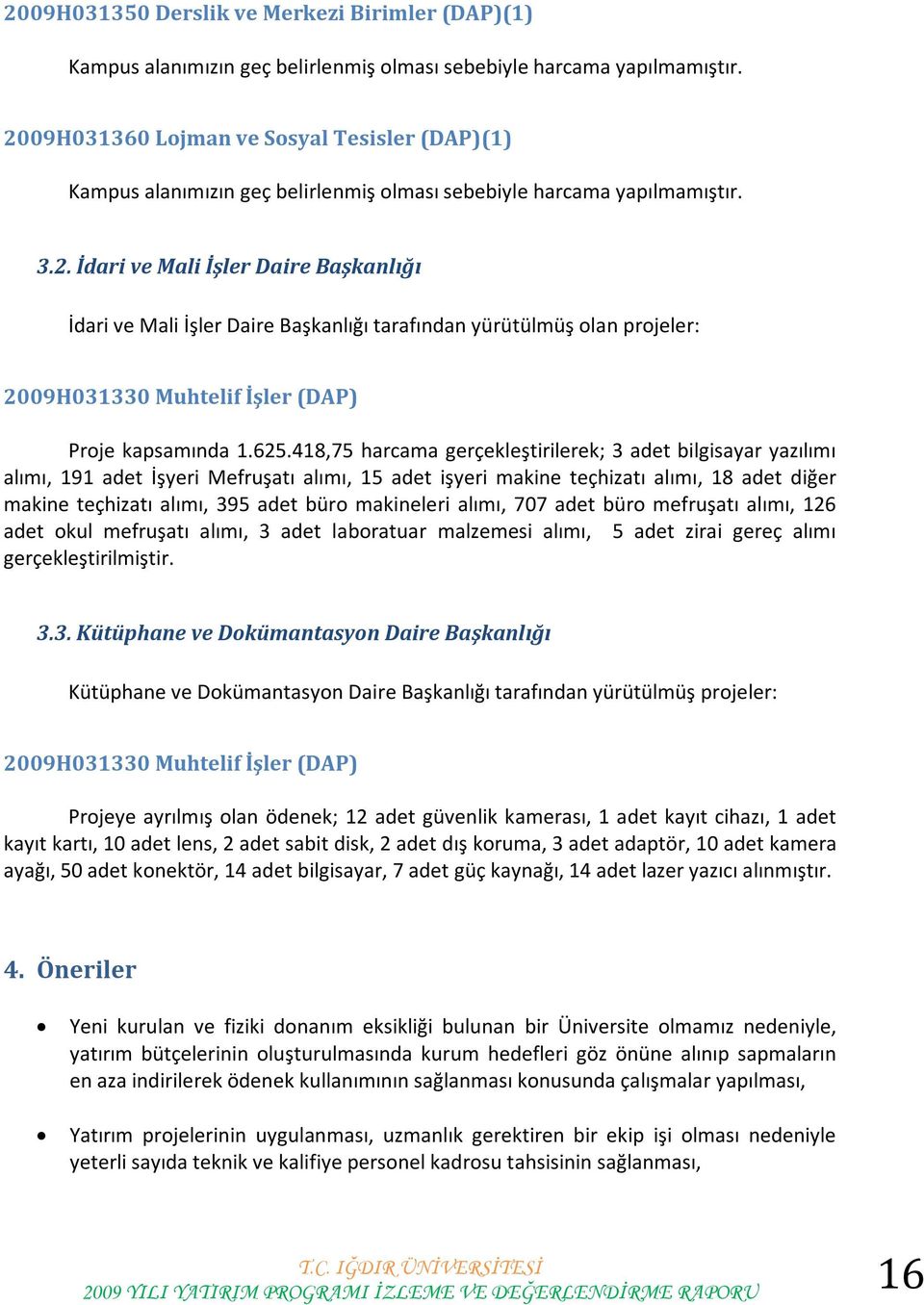 625.418,75 harcama gerçekleştirilerek; 3 adet bilgisayar yazılımı alımı, 191 adet İşyeri Mefruşatı alımı, 15 adet işyeri makine teçhizatı alımı, 18 adet diğer makine teçhizatı alımı, 395 adet büro