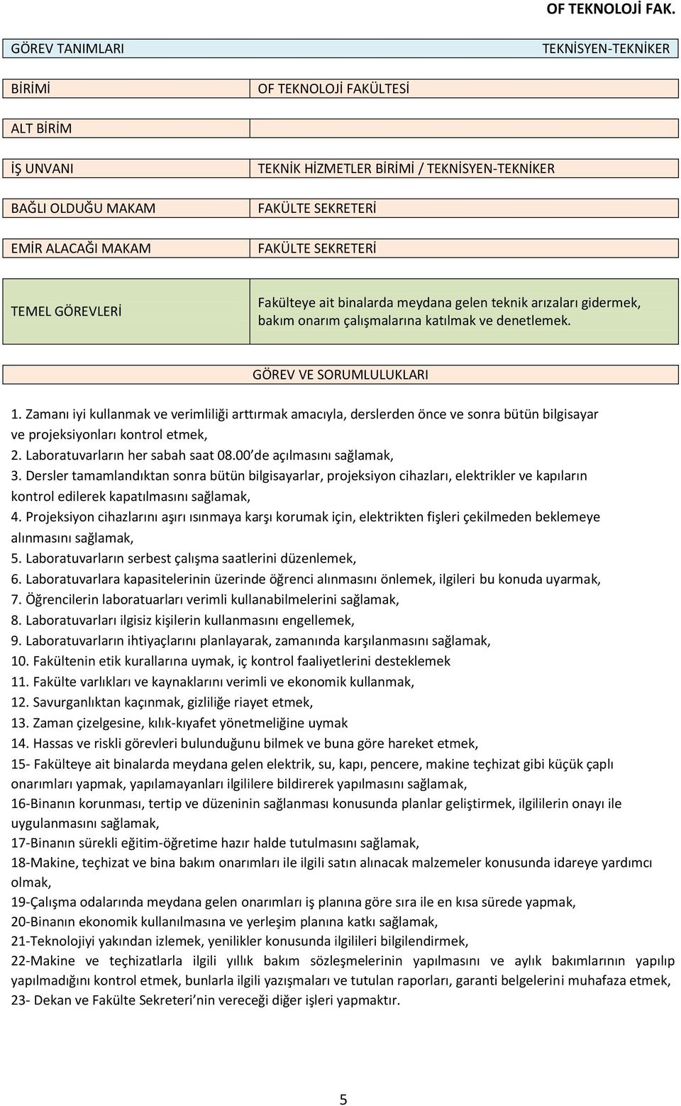 Zamanı iyi kullanmak ve verimliliği arttırmak amacıyla, derslerden önce ve sonra bütün bilgisayar ve projeksiyonları kontrol etmek, 2. Laboratuvarların her sabah saat 08.00 de açılmasını sağlamak, 3.