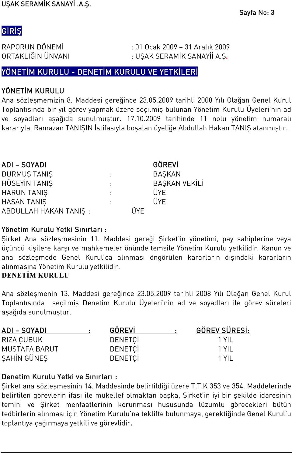 2009 tarihinde 11 nolu yönetim numaralı kararıyla Ramazan TANIŞIN İstifasıyla boşalan üyeliğe Abdullah Hakan TANIŞ atanmıştır.