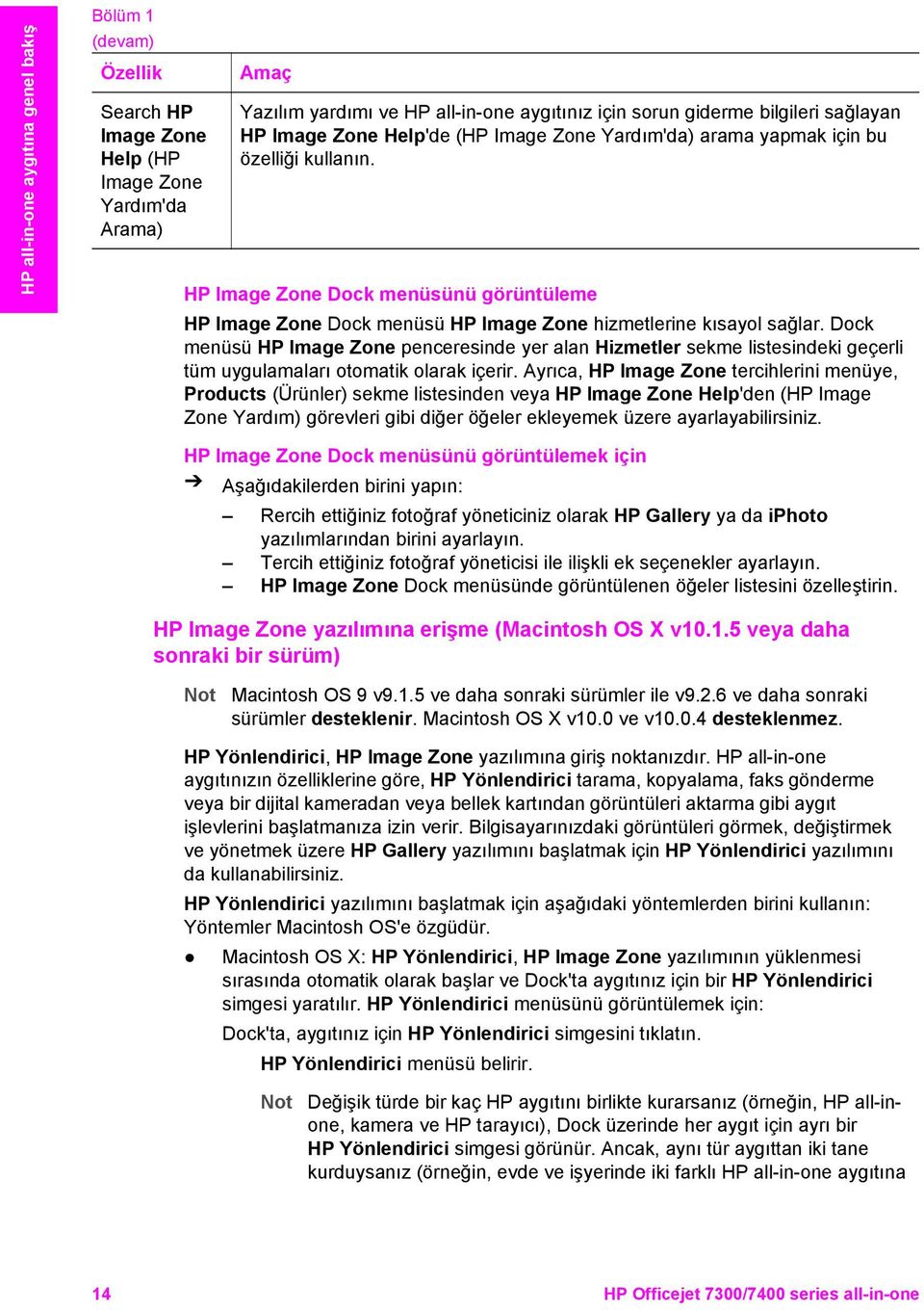 HP Image Zone Dock menüsünü görüntüleme HP Image Zone Dock menüsü HP Image Zone hizmetlerine kısayol sağlar.