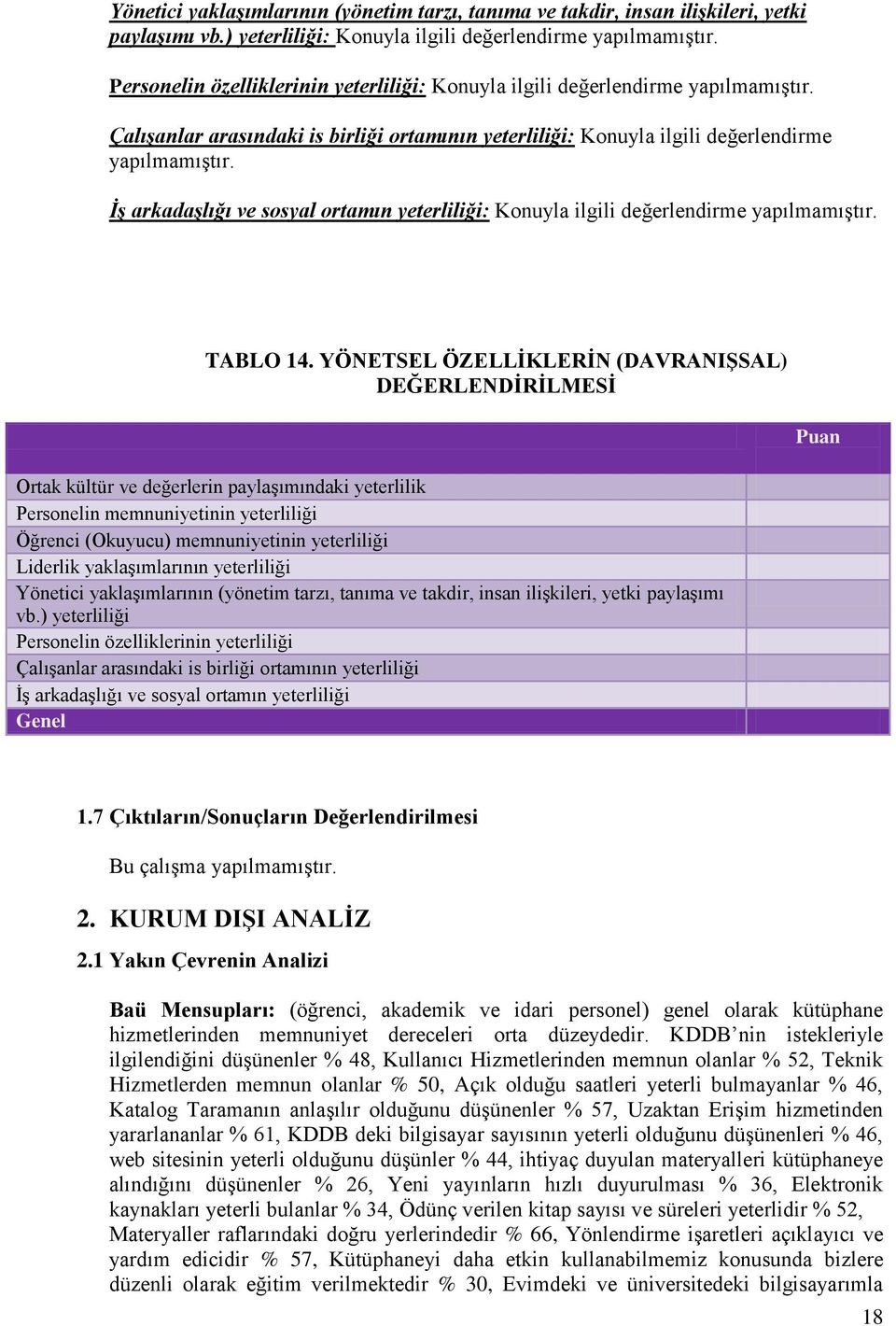 İş arkadaşlığı ve sosyal ortamın yeterliliği: Konuyla ilgili değerlendirme yapılmamıştır. TABLO 14.