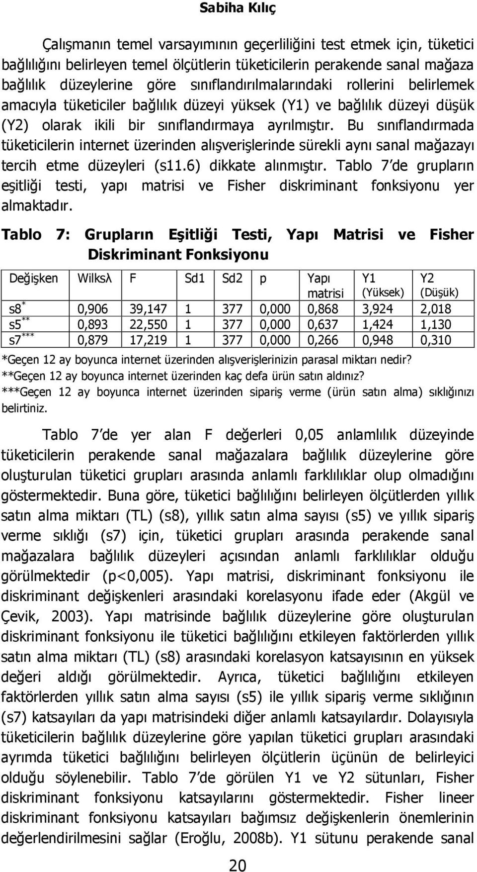 Bu sınıflandırmada tüketicilerin internet üzerinden alışverişlerinde sürekli aynı sanal mağazayı tercih etme düzeyleri (s11.6) dikkate alınmıştır.