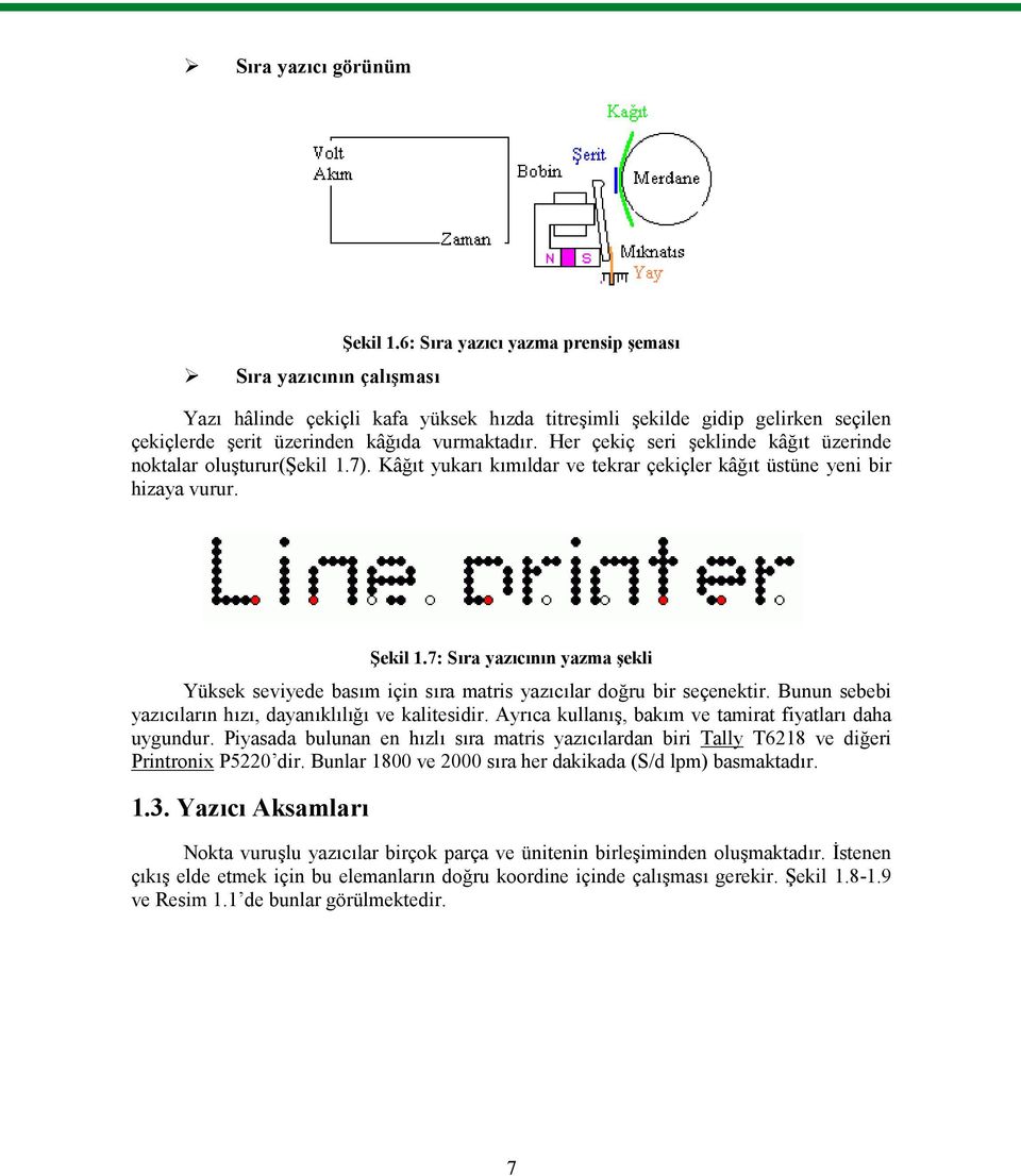 Her çekiç seri şeklinde kâğıt üzerinde noktalar oluşturur(şekil 1.7). Kâğıt yukarı kımıldar ve tekrar çekiçler kâğıt üstüne yeni bir hizaya vurur. Şekil 1.