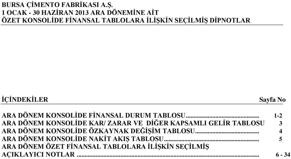 İÇİNDEKİLER Sayfa No ARA DÖNEM KONSOLİDE FİNANSAL DURUM TABLOSU.