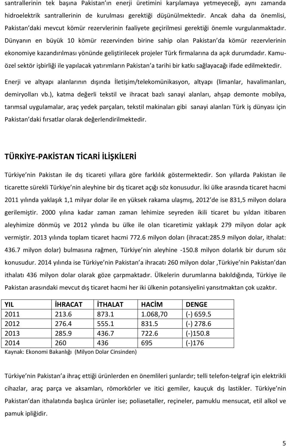 Dünyanın en büyük 10 kömür rezervinden birine sahip olan Pakistan da kömür rezervlerinin ekonomiye kazandırılması yönünde geliştirilecek projeler Türk firmalarına da açık durumdadır.