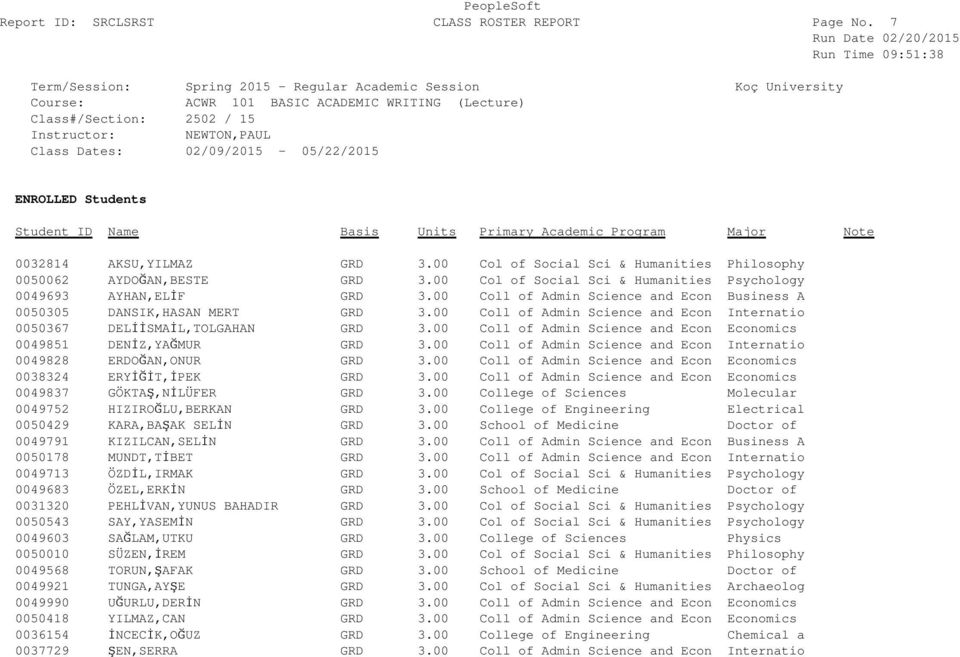 00 Coll of Admin Science and Econ Business A 0050305 DANSIK,HASAN MERT GRD 3.00 Coll of Admin Science and Econ Internatio 0050367 DELİİSMAİL,TOLGAHAN GRD 3.