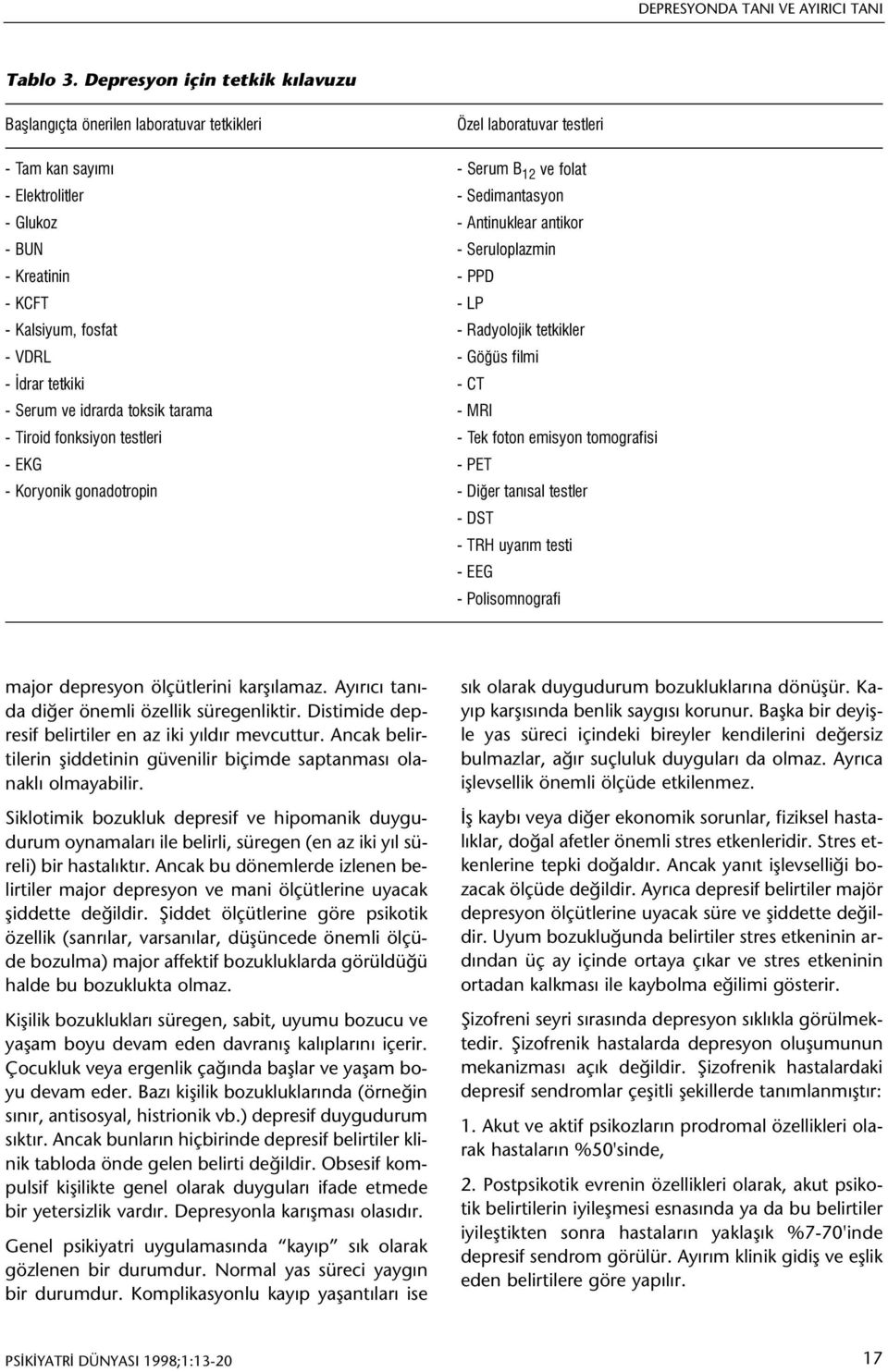 antikor - BUN - Seruloplazmin - Kreatinin - PPD - KCFT - LP - Kalsiyum, fosfat - Radyolojik tetkikler - VDRL - Göðüs filmi - Ýdrar tetkiki - CT - Serum ve idrarda toksik tarama - MRI - Tiroid