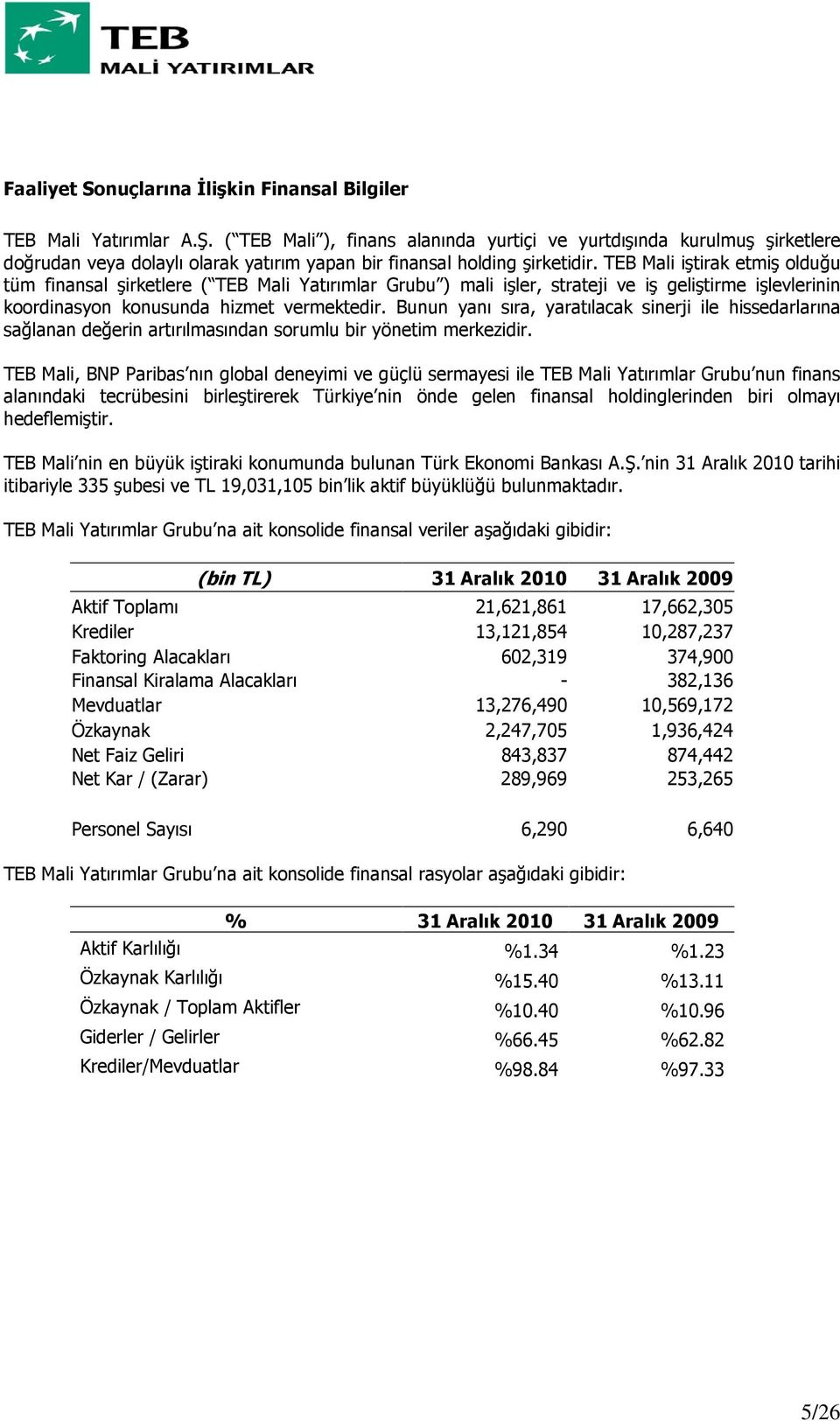 TEB Mali iştirak etmiş olduğu tüm finansal şirketlere ( TEB Mali Yatırımlar Grubu ) mali işler, strateji ve iş geliştirme işlevlerinin koordinasyon konusunda hizmet vermektedir.