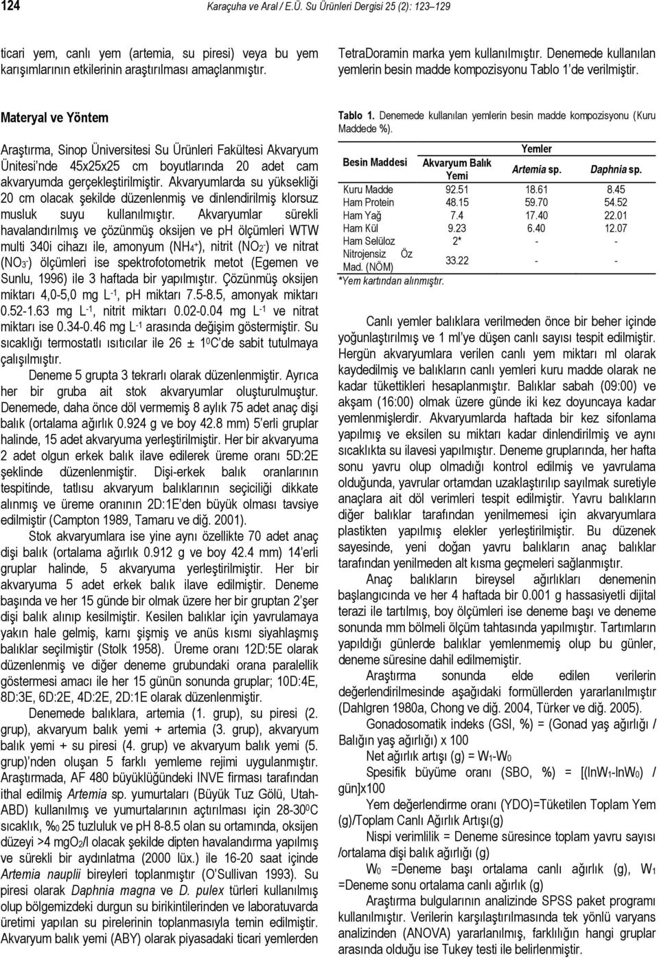 Materyal ve Yöntem Araştırma, Sinop Üniversitesi Su Ürünleri Fakültesi Akvaryum Ünitesi nde 45x25x25 cm boyutlarında 2 adet cam akvaryumda gerçekleştirilmiştir.