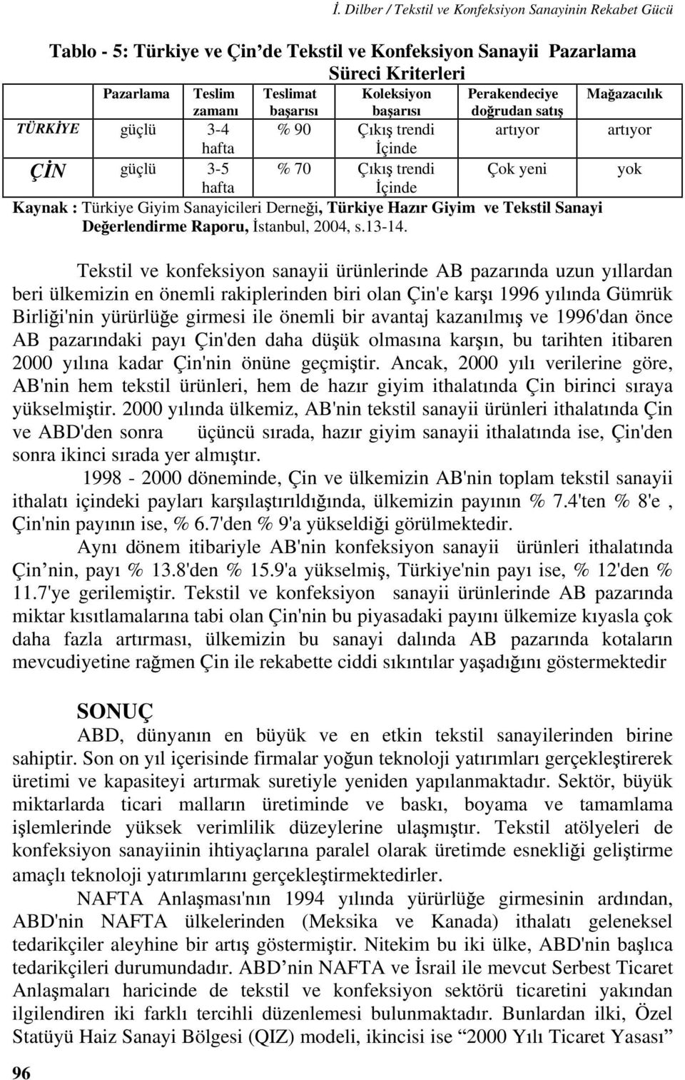 Derne i, Türkiye Haz r Giyim ve Tekstil Sanayi De erlendirme Raporu, stanbul, 2004, s.13-14.