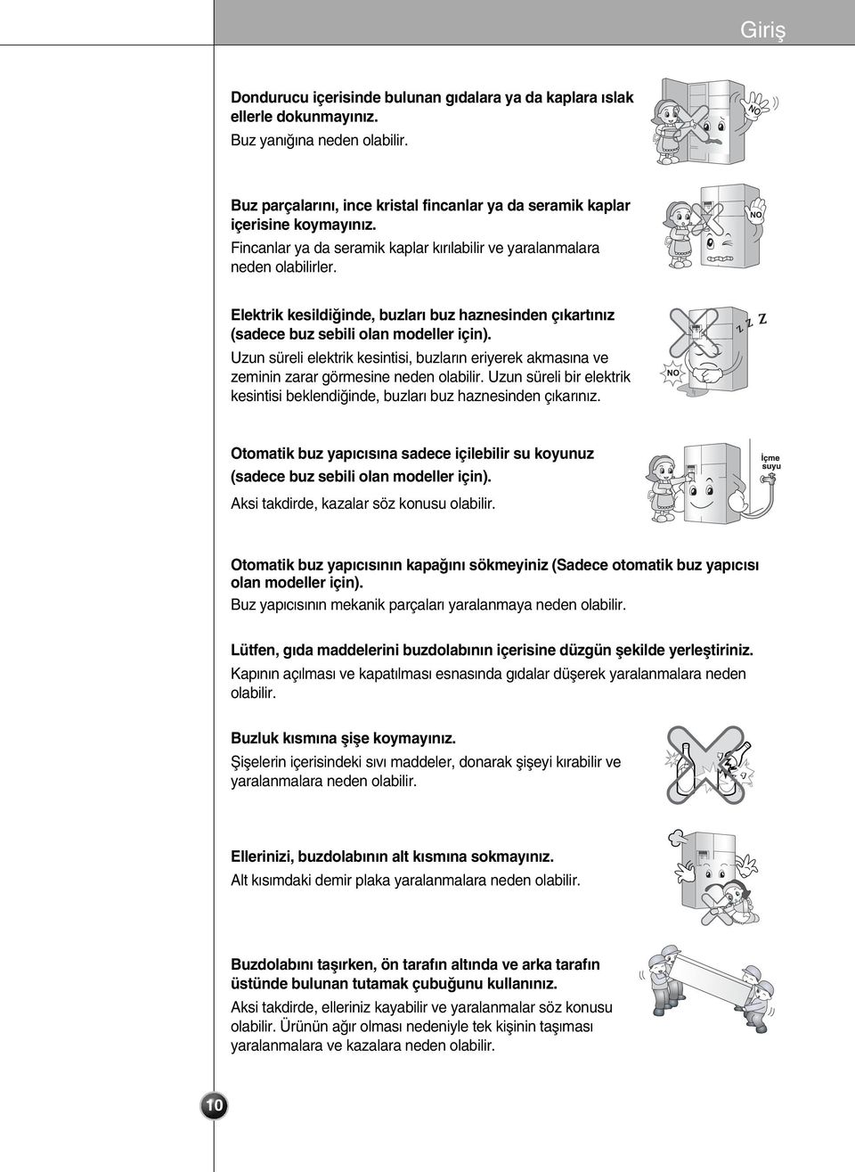 Uzun süreli elektrik kesintisi, buzlar n eriyerek akmas na ve zeminin zarar görmesine neden olabilir. Uzun süreli bir elektrik kesintisi beklendi inde, buzlar buz haznesinden ç kar n z.