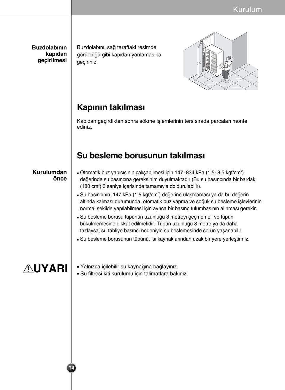 Su besleme borusunun tak lmas Kurulumdan önce Otomatik buz yap c s n n çal flabilmesi için 147~834 kpa (1.5~8.