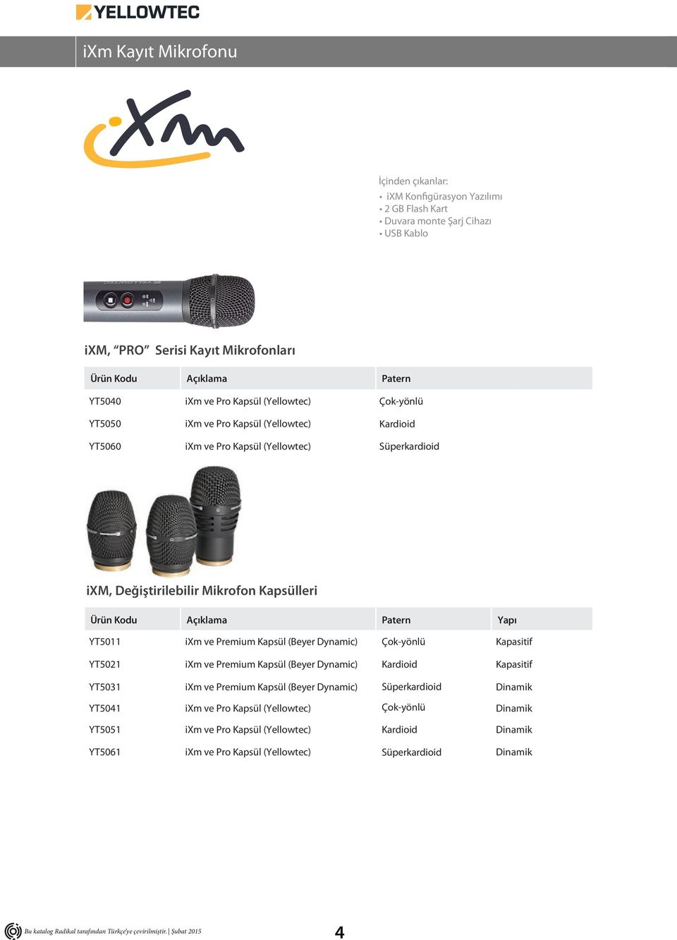 YT5011 ixm ve Premium Kapsül (Beyer Dynamic) Çok-yönlü Kapasitif YT5021 ixm ve Premium Kapsül (Beyer Dynamic) Kardioid Kapasitif YT5031 ixm ve Premium Kapsül (Beyer Dynamic)
