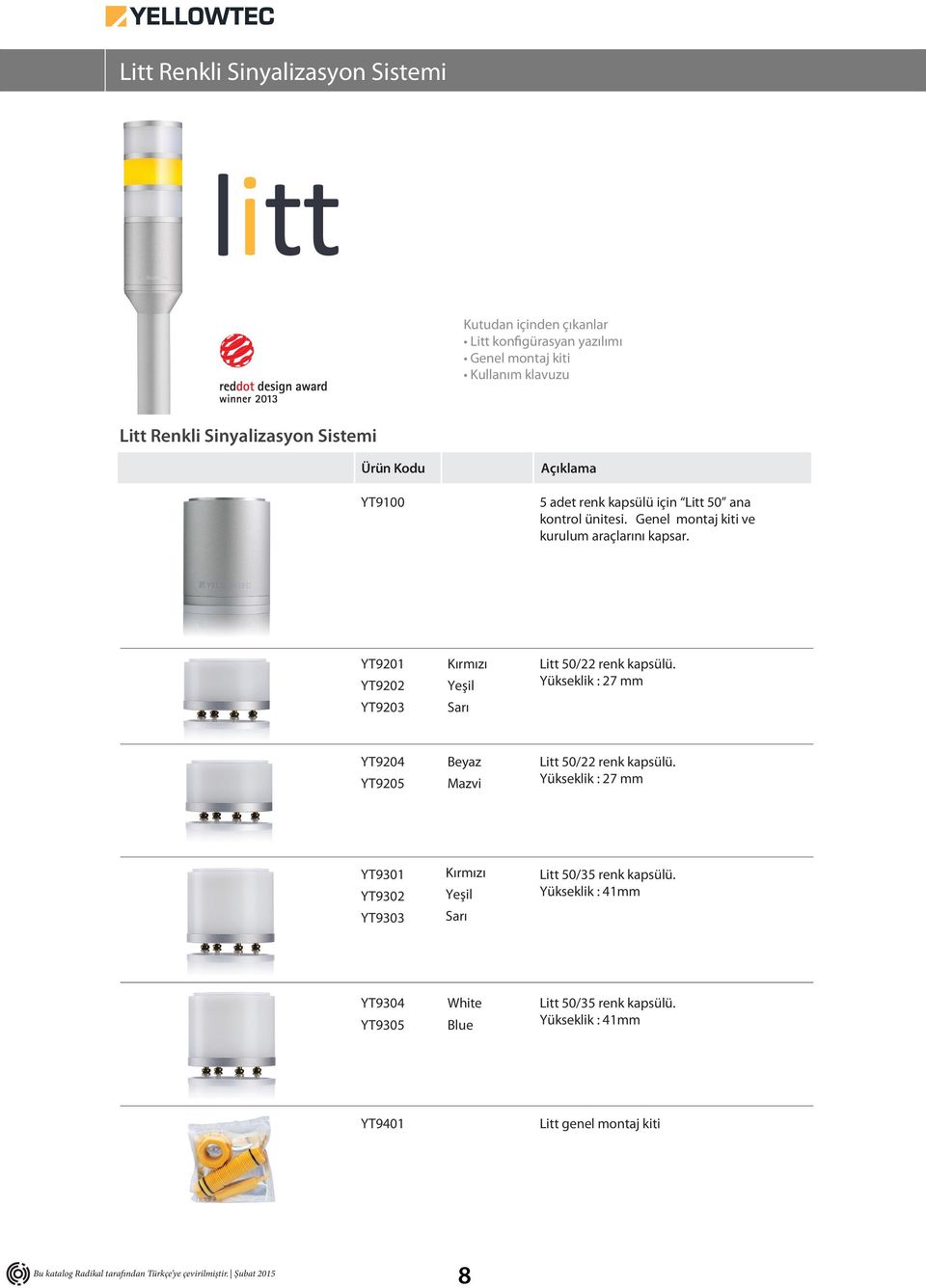 YT9201 YT9202 YT9203 Kırmızı Yeşil Sarı Litt 50/22 renk kapsülü. Yükseklik : 27 mm YT9204 YT9205 Beyaz Mazvi Litt 50/22 renk kapsülü.
