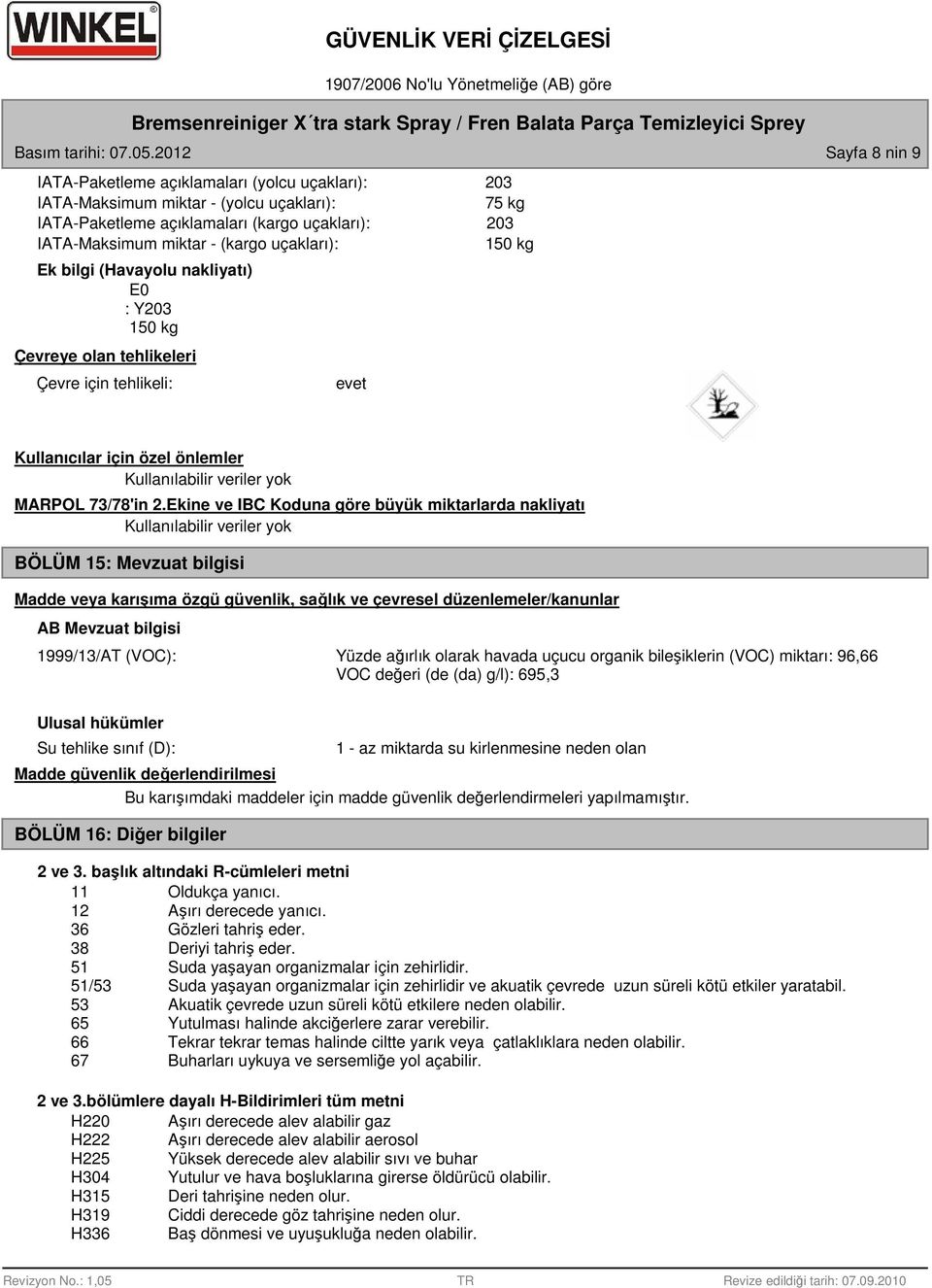 bilgi (Havayolu nakliyatı) E0 : Y203 150 kg Çevreye olan tehlikeleri Çevre için tehlikeli: evet 203 75 kg 203 150 kg Kullanıcılar için özel önlemler MARPOL 73/78'in 2.