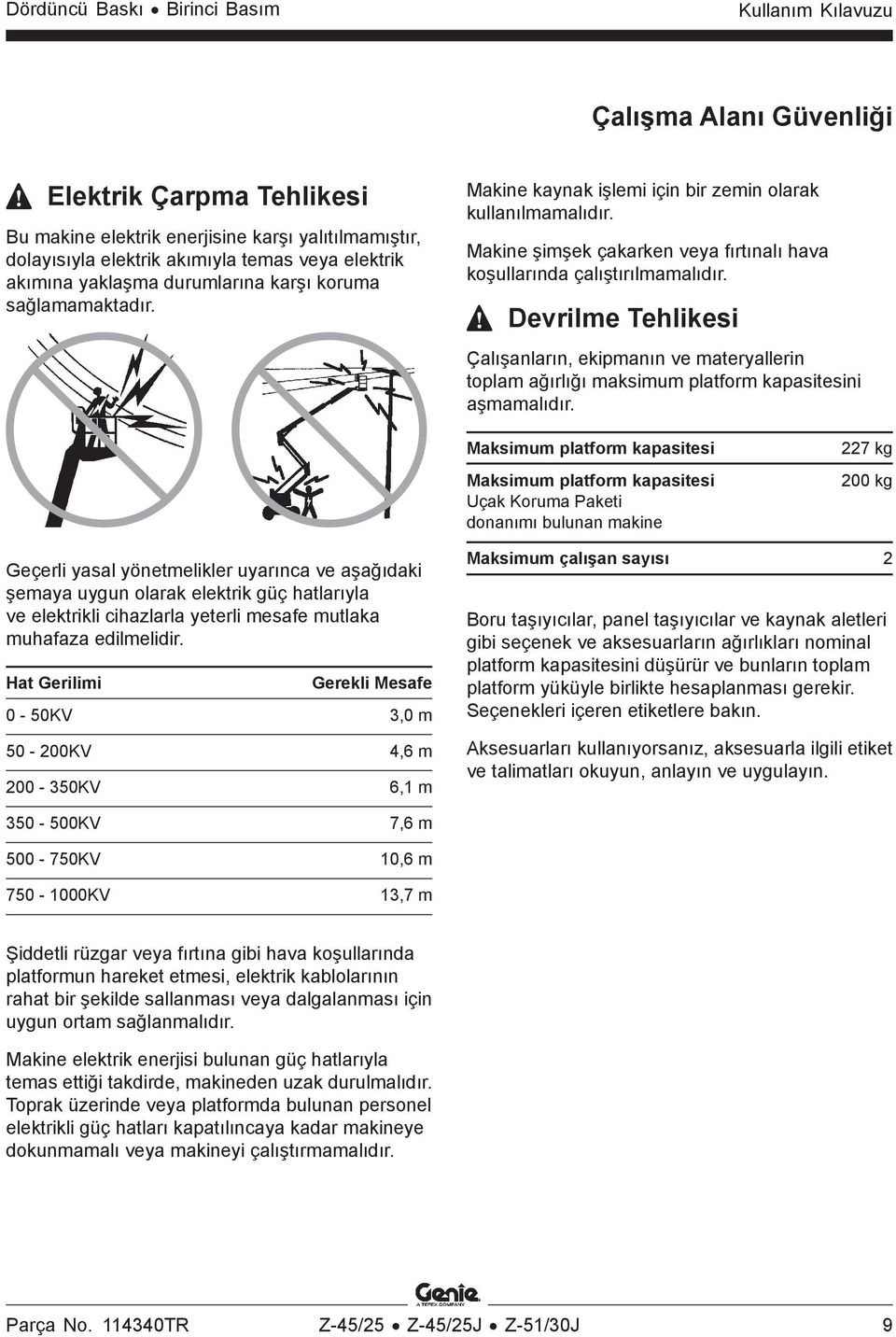 Devrilme Tehlikesi Çalışanların, ekipmanın ve materyallerin toplam ağırlığı maksimum platform kapasitesini aşmamalıdır.