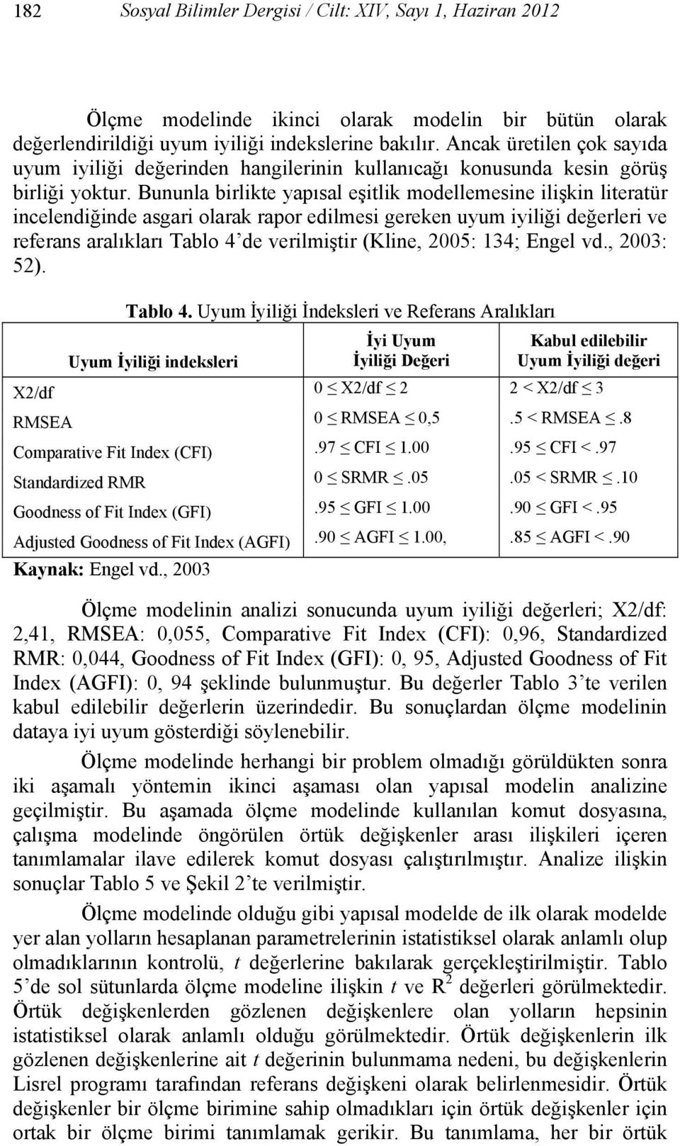 Bununla birlikte yapısal eşitlik modellemesine ilişkin literatür incelendiğinde asgari olarak rapor edilmesi gereken uyum iyiliği değerleri ve referans aralıkları Tablo 4 de verilmiştir (Kline, 2005: