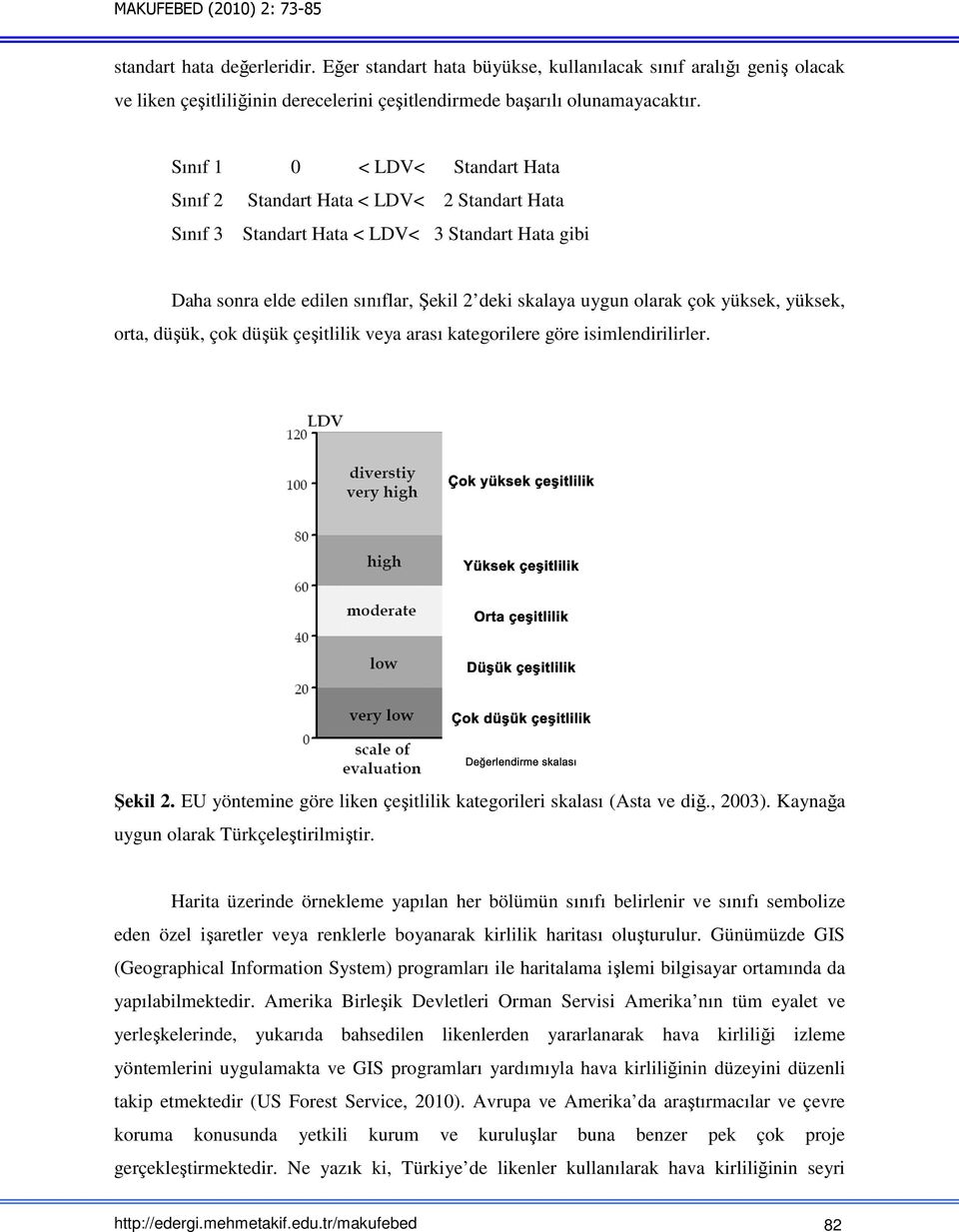 yüksek, yüksek, orta, düşük, çok düşük çeşitlilik veya arası kategorilere göre isimlendirilirler. Şekil 2. EU yöntemine göre liken çeşitlilik kategorileri skalası (Asta ve diğ., 2003).