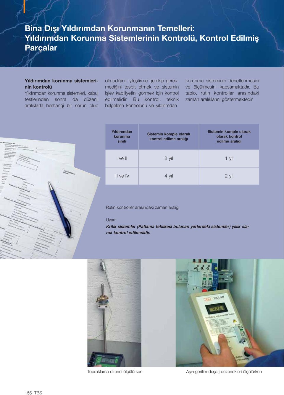 Bu kontrol, teknik belgelerin kontrolünü ve y ld r mdan korunma sisteminin denetlenmesini ve ölçülmes ini kapsamaktad r. Bu tablo, rutin kontr oller aras ndaki zaman aral kl ar n göstermektedir.