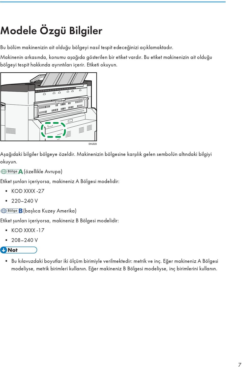 Makinenizin bölgesine karşılık gelen sembolün altındaki bilgiyi okuyun.