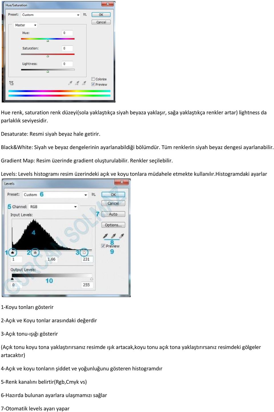 Levels: Levels histogramı resim üzerindeki açık ve koyu tonlara müdahele etmekte kullanılır.