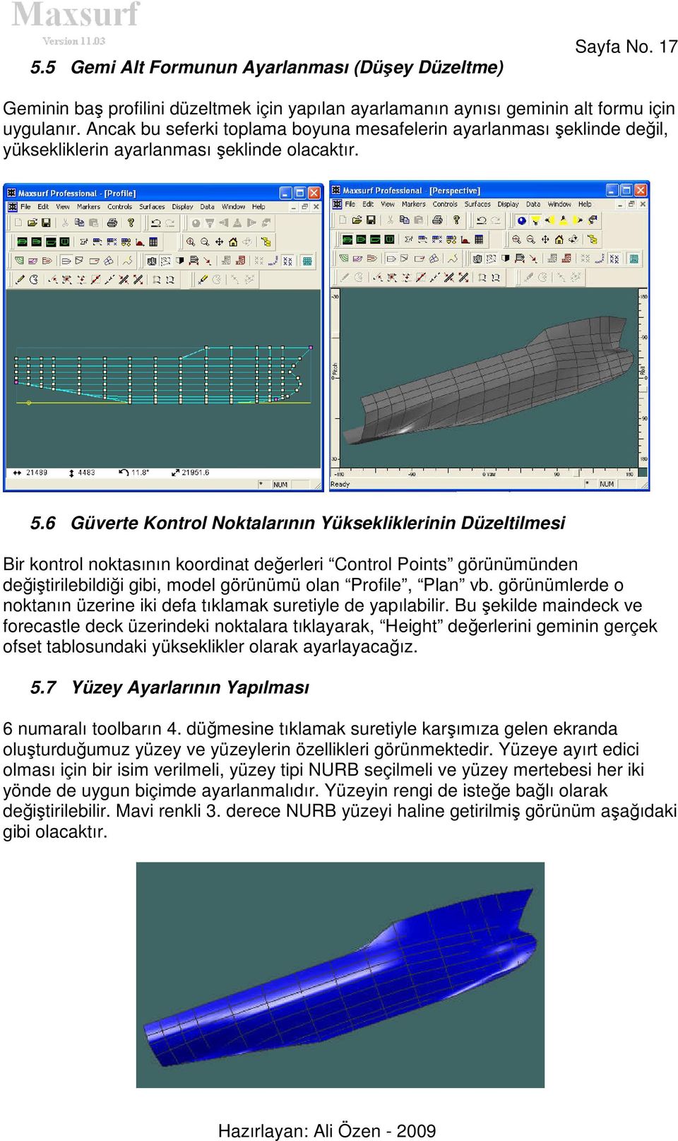 6 Güverte Kontrol Noktalarının Yüksekliklerinin Düzeltilmesi Bir kontrol noktasının koordinat değerleri Control Points görünümünden değiştirilebildiği gibi, model görünümü olan Profile, Plan vb.