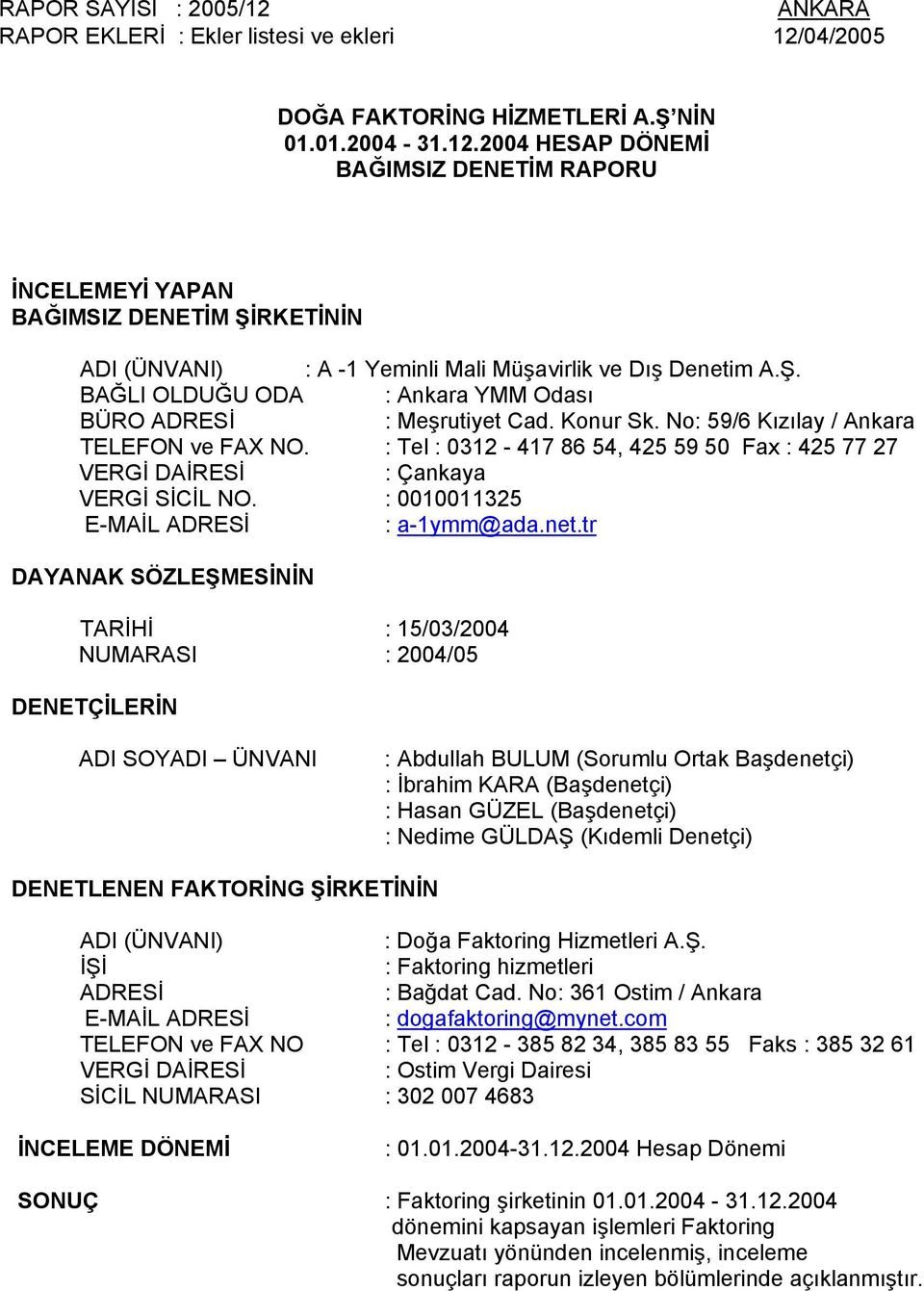 : Tel : 0312-417 86 54, 425 59 50 Fax : 425 77 27 VERGİ DAİRESİ : Çankaya VERGİ SİCİL NO. : 0010011325 E-MAİL ADRESİ : a-1ymm@ada.net.