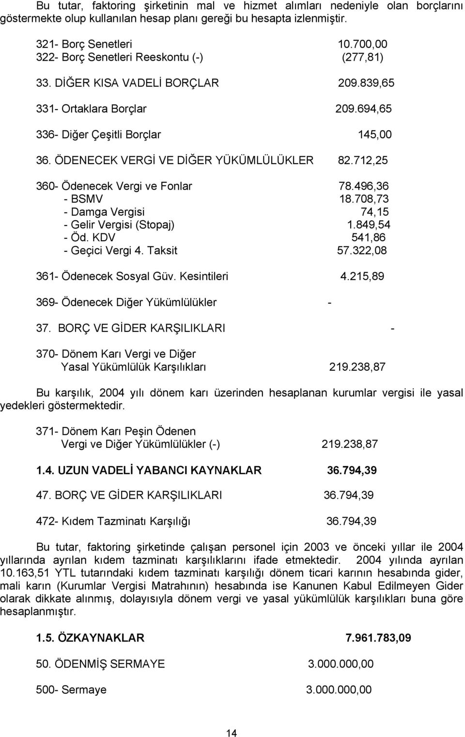 ÖDENECEK VERGİ VE DİĞER YÜKÜMLÜLÜKLER 82.712,25 360- Ödenecek Vergi ve Fonlar 78.496,36 - BSMV 18.708,73 - Damga Vergisi 74,15 - Gelir Vergisi (Stopaj) 1.849,54 - Öd. KDV 541,86 - Geçici Vergi 4.