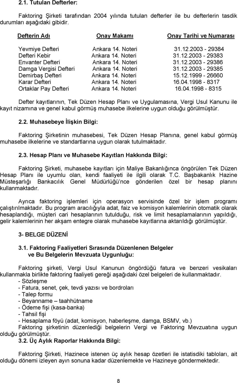 Noteri 31.12.2003-29385 Demirbaş Defteri Ankara 14. Noteri 15.12.1999-26660 Karar Defteri Ankara 14. Noteri 16.04.