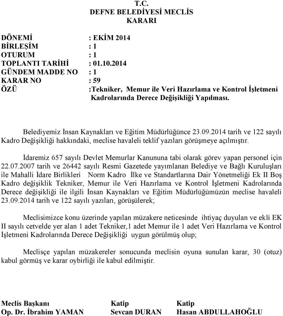 07.2007 tarih ve 26442 sayılı Resmi Gazetede yayımlanan Belediye ve Bağlı Kuruluşları ile Mahalli İdare Birlikleri Norm Kadro İlke ve Standartlarına Dair Yönetmeliği Ek II Boş Kadro değişiklik