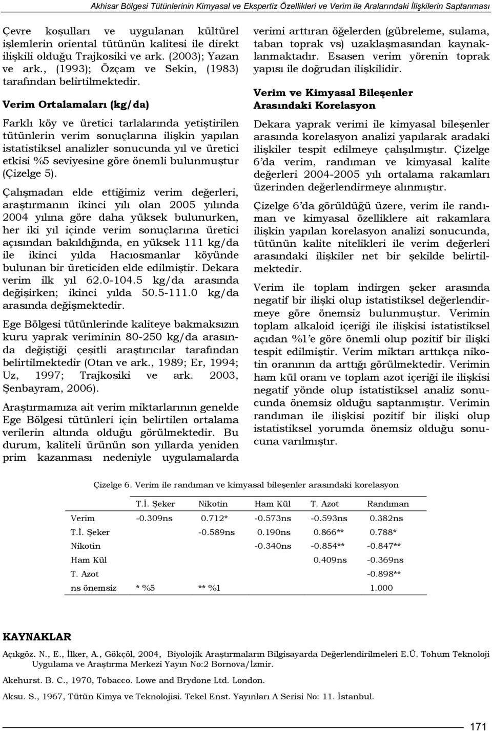 Verim Ortalamaları (kg/da) Farklı köy ve üretici tarlalarında yetiştirilen tütünlerin verim sonuçlarına ilişkin yapılan istatistiksel analizler sonucunda yıl ve üretici etkisi %5 seviyesine göre