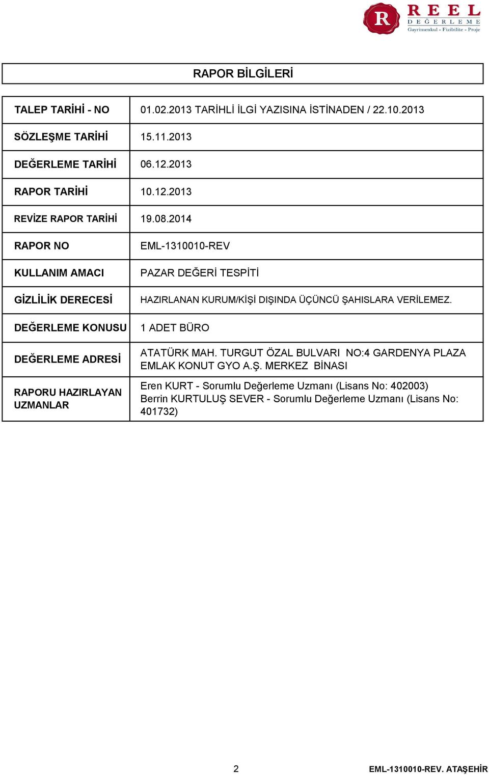 2014 RAPOR NO KULLANIM AMACI GİZLİLİK DERECESİ DEĞERLEME KONUSU DEĞERLEME ADRESİ RAPORU HAZIRLAYAN UZMANLAR EML-1310010-REV PAZAR DEĞERİ TESPİTİ HAZIRLANAN