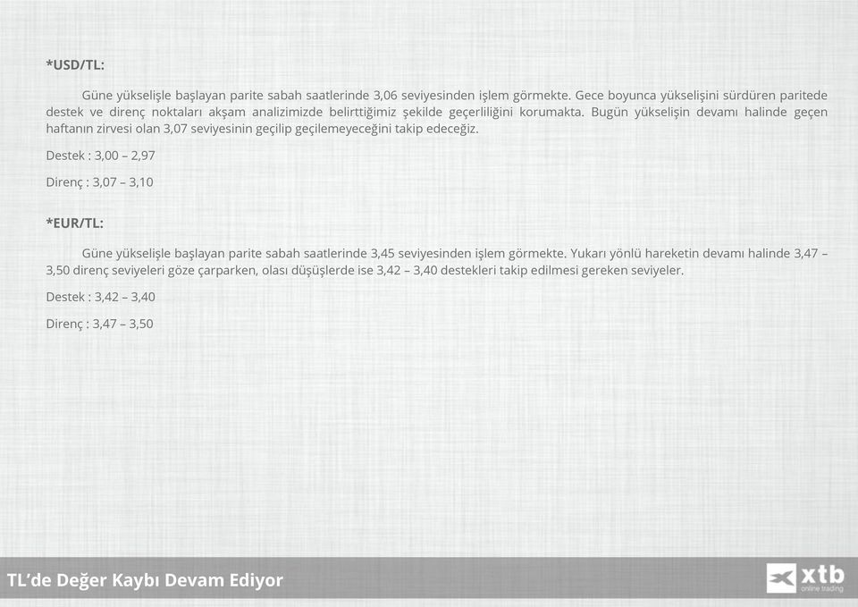 Bugün yükselişin devamı halinde geçen haftanın zirvesi olan 3,07 seviyesinin geçilip geçilemeyeceğini takip edeceğiz.