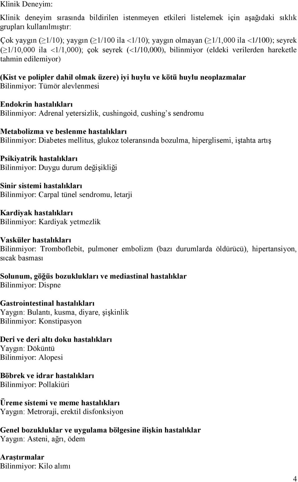 neoplazmalar Bilinmiyor: Tümör alevlenmesi Endokrin hastalıkları Bilinmiyor: Adrenal yetersizlik, cushingoid, cushing s sendromu Metabolizma ve beslenme hastalıkları Bilinmiyor: Diabetes mellitus,