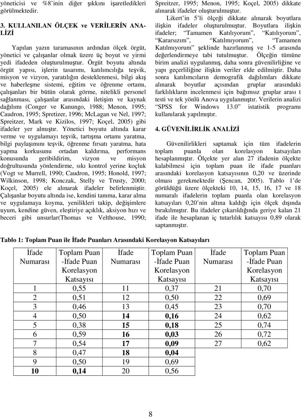 Örgüt boyutu altında örgüt yapısı, işlerin tasarımı, katılımcılığa teşvik, misyon ve vizyon, yaratılığın desteklenmesi, bilgi akış ve haberleşme sistemi, eğitim ve öğrenme ortamı, çalışanları bir