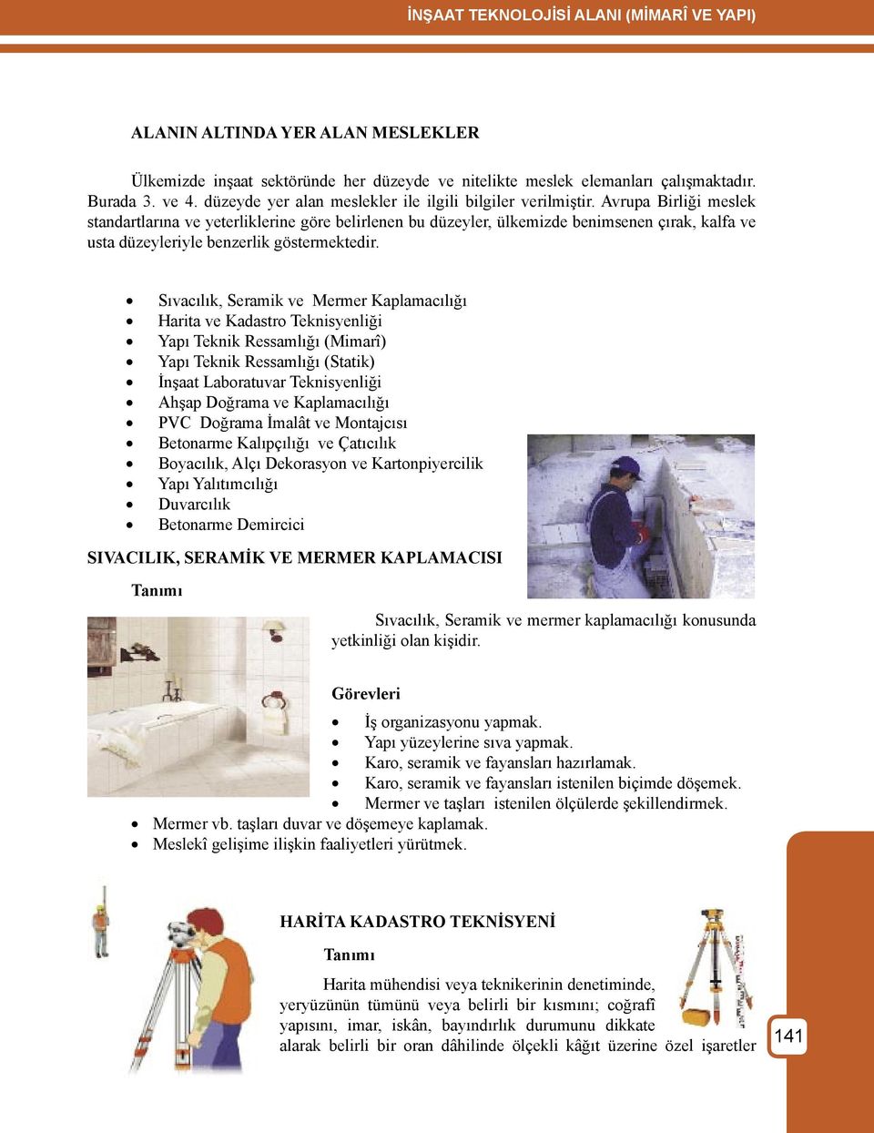 Sıvacılık, Seramik ve Mermer Kaplamacılığı Harita ve Kadastro Teknisyenliği Yapı Teknik Ressamlığı (Mimarî) Yapı Teknik Ressamlığı (Statik) İnşaat Laboratuvar Teknisyenliği Ahşap Doğrama ve