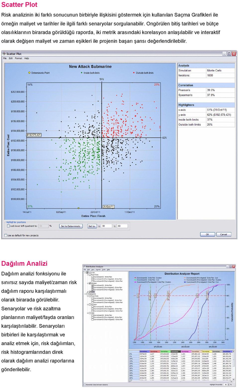 başarı şansı değerlendirilebilir. Dağılım Analizi Dağılım analizi fonksiyonu ile sınırsız sayıda maliyet/zaman risk dağılım raporu karşılaştırmalı olarak birarada görülebilir.