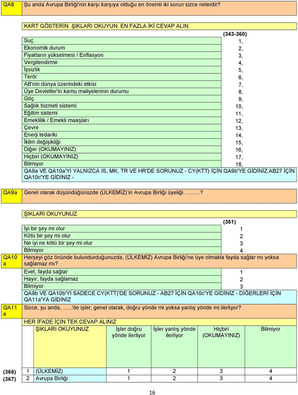 Sağlık hizmeti sistemi 10, Eğitim sistemi 11, Emeklilik / Emekli maaşları 12, Çevre 13, Enerji tedariki 14, İklim değişikliği 15, Diğer (OKUMAYINIZ) 16, Hiçbiri (OKUMAYINIZ) 17, Bilmiyor 18, QA9a VE