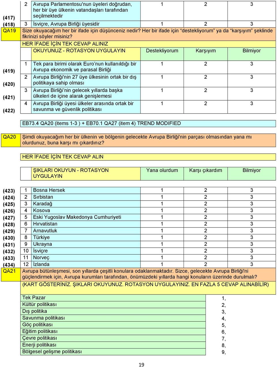 HER İFADE İÇİN TEK CEVAP ALINIZ OKUYUNUZ - ROTASYON UYGULAYIN Destekliyorum Karşıyım Bilmiyor (419) (420) (421) (422) 1 Tek para birimi olarak Euro nun kullanıldığı bir Avrupa ekonomik ve parasal