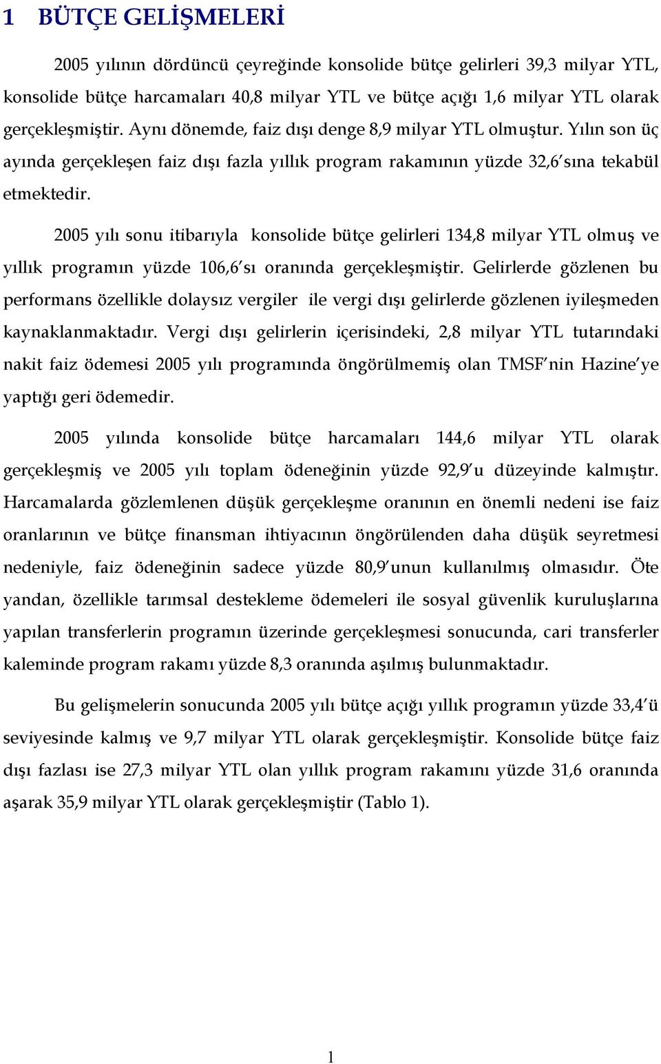 2005 yılı sonu itibarıyla konsolide bütçe gelirleri 134,8 milyar YTL olmuş ve yıllık programın yüzde 106,6 sı oranında gerçekleşmiştir.