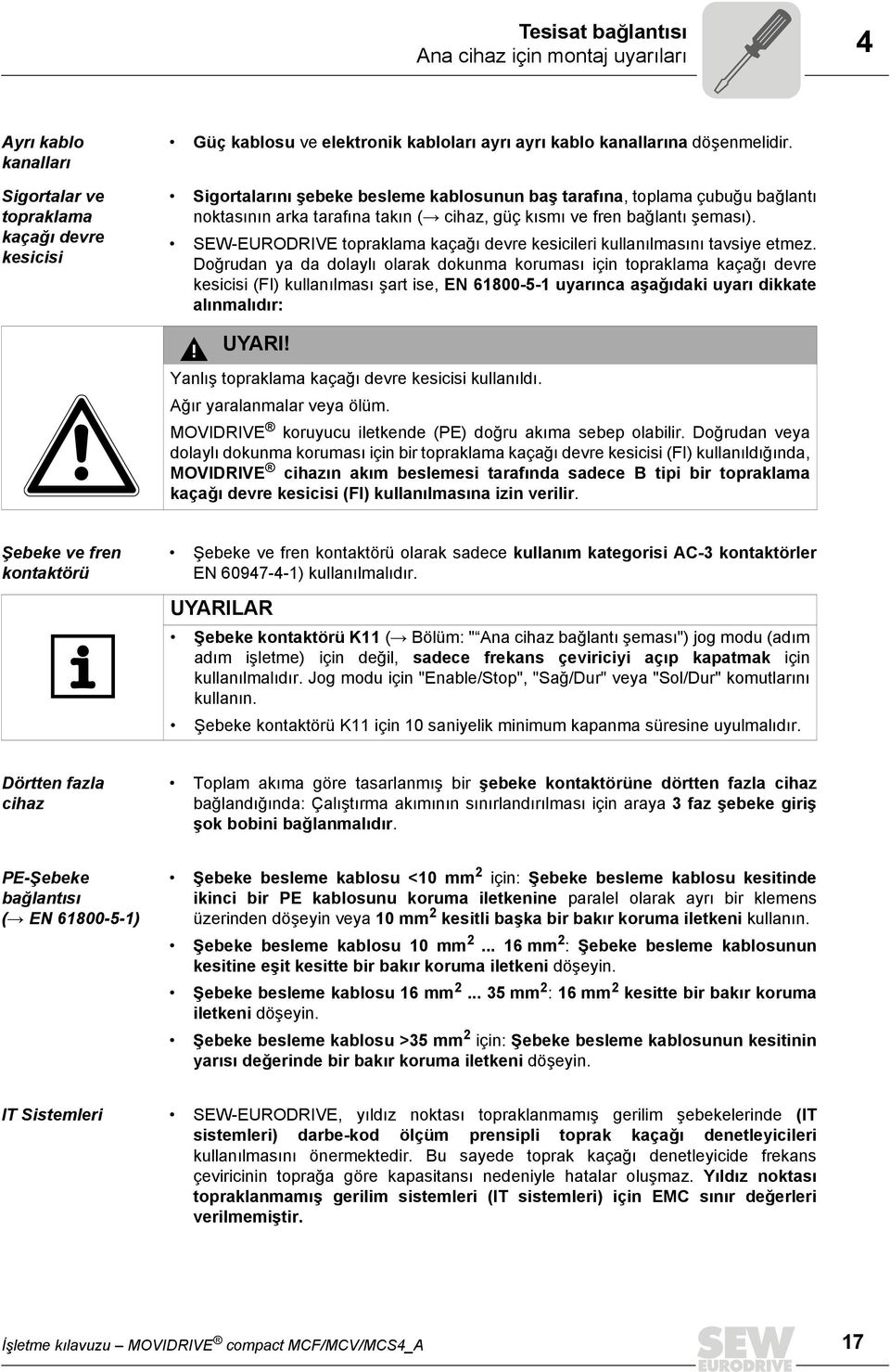 SEW-EURODRIVE topraklama kaçağı devre kesicileri kullanılmasını tavsiye etmez.